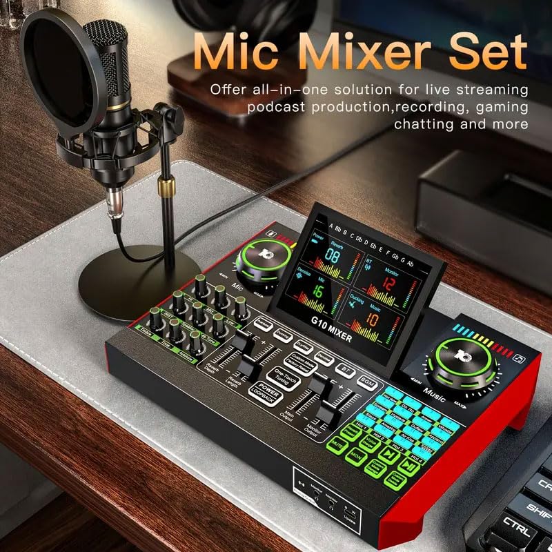 Image of Podcast Microphone Bundle for Live Streaming, Sound Card Audio Interface Mixer w 3.5mm Condenser Mic for Broad Casting with Voice Changer Denoise, Podcast Equipment Bundle for PC /Phone Gaming Singing
