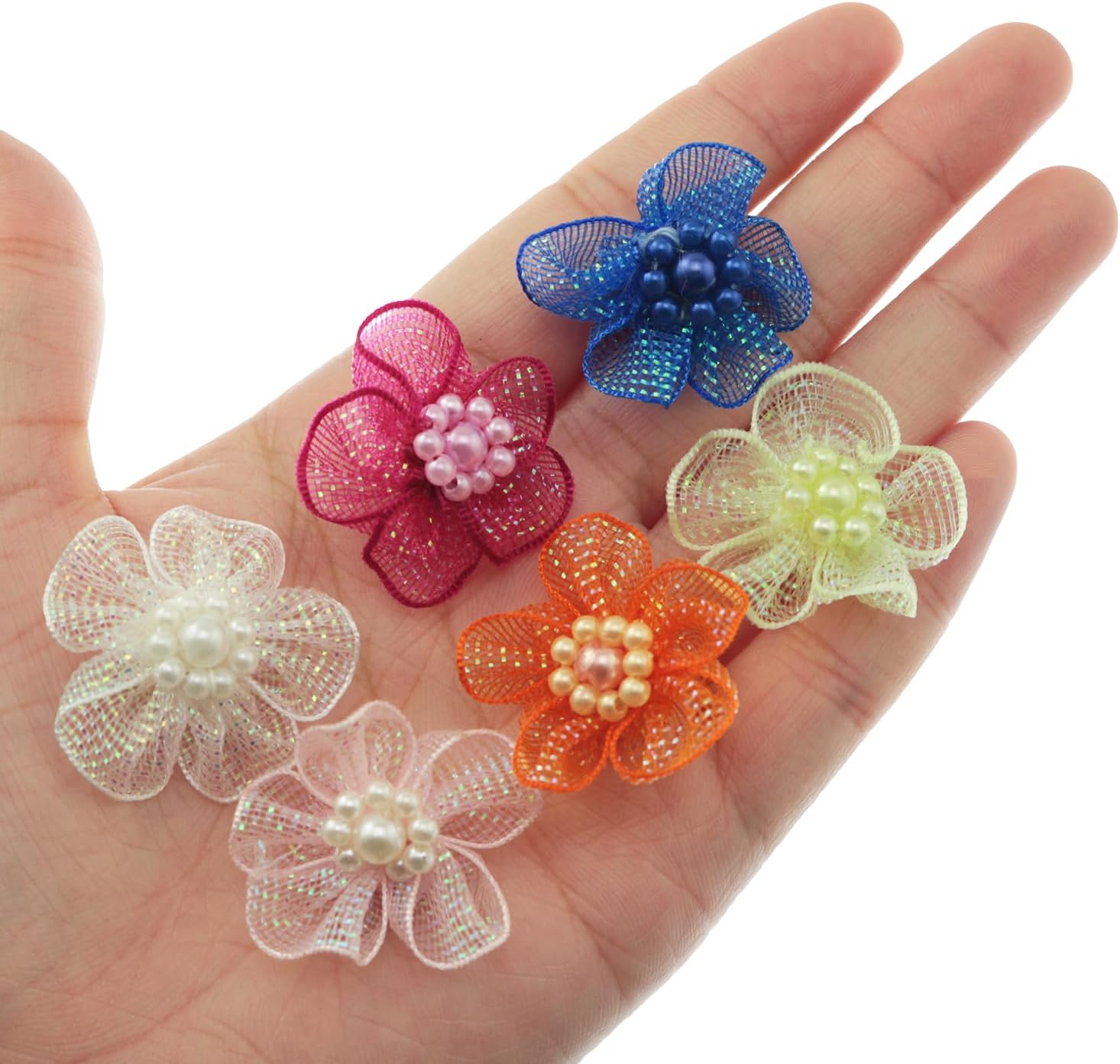 50PCS DIY Sewing Mixed Color Pearl Flower Iridescent Beaded Hand Sewn Flowers Decorative Floral Sew On Patches for Art Creation Scrapbooking Hair Accessories Pet Ties Brooches