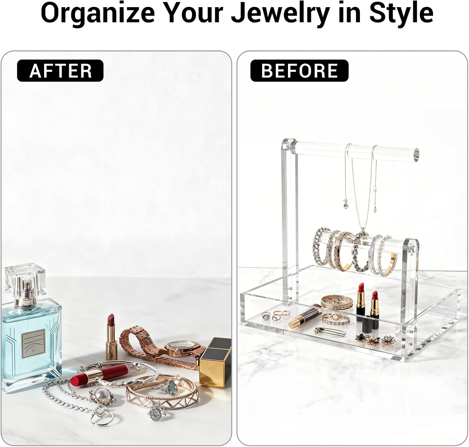 LUGUNU 2-Tier Acrylic Jewelry Organizer, Tangle-Free Necklace and Bracelet Holder Stand with Removable Trays, Clear Vanity Organizer for Earrings Rings, Modern Dresser Decor