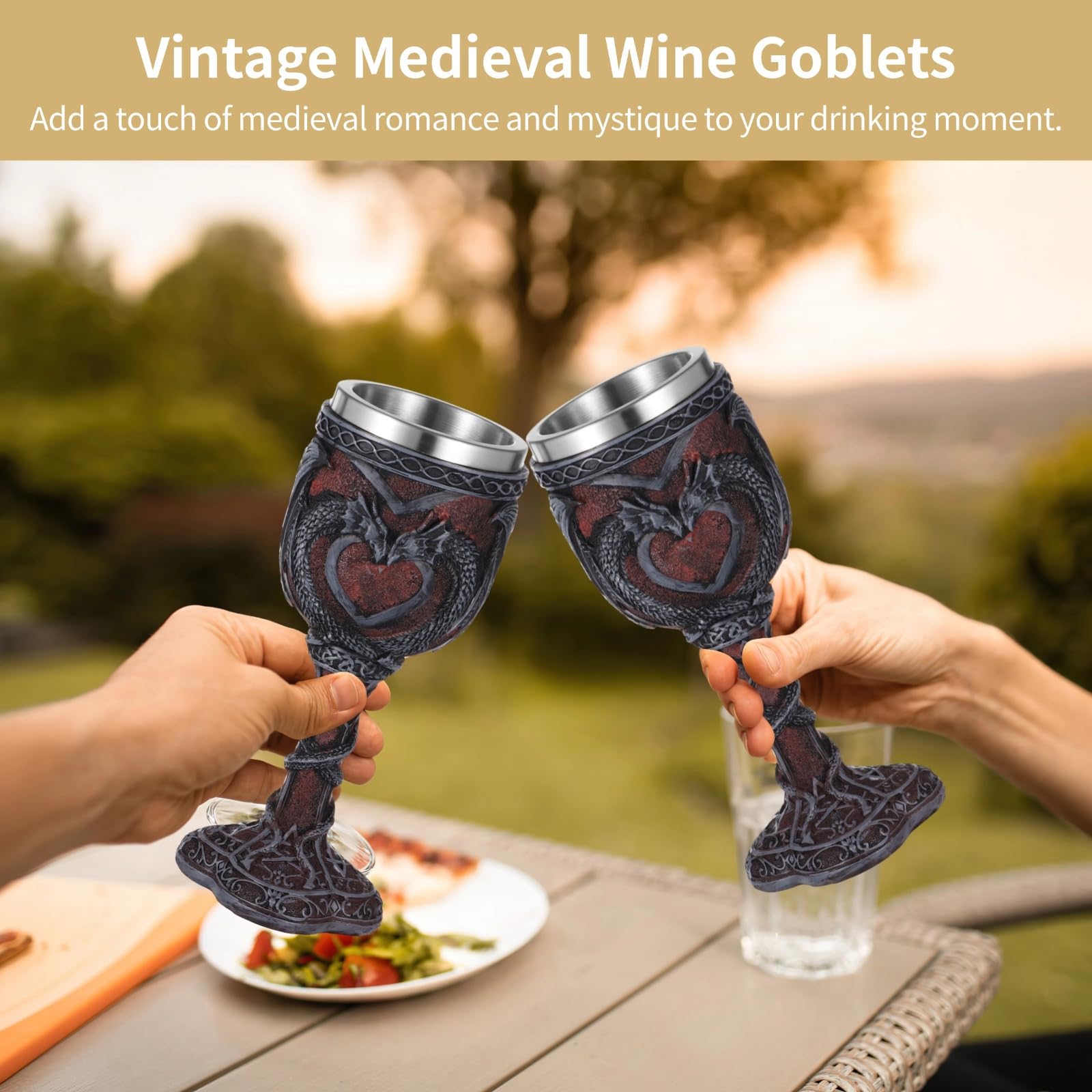 2 bicchieri da vino medievali, design a doppio drago, 200 ml, in acciaio inox, per vino, birra, whisky e regali