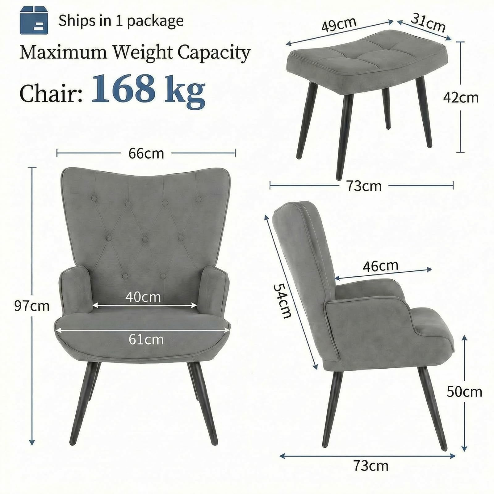 Clevich Sillón Orejero con Reposapiés, Gris Poltrona Sala Chenille Suave – Butaca de Salón para Lectura, Sillon Dormitorio, hasta 168 kg