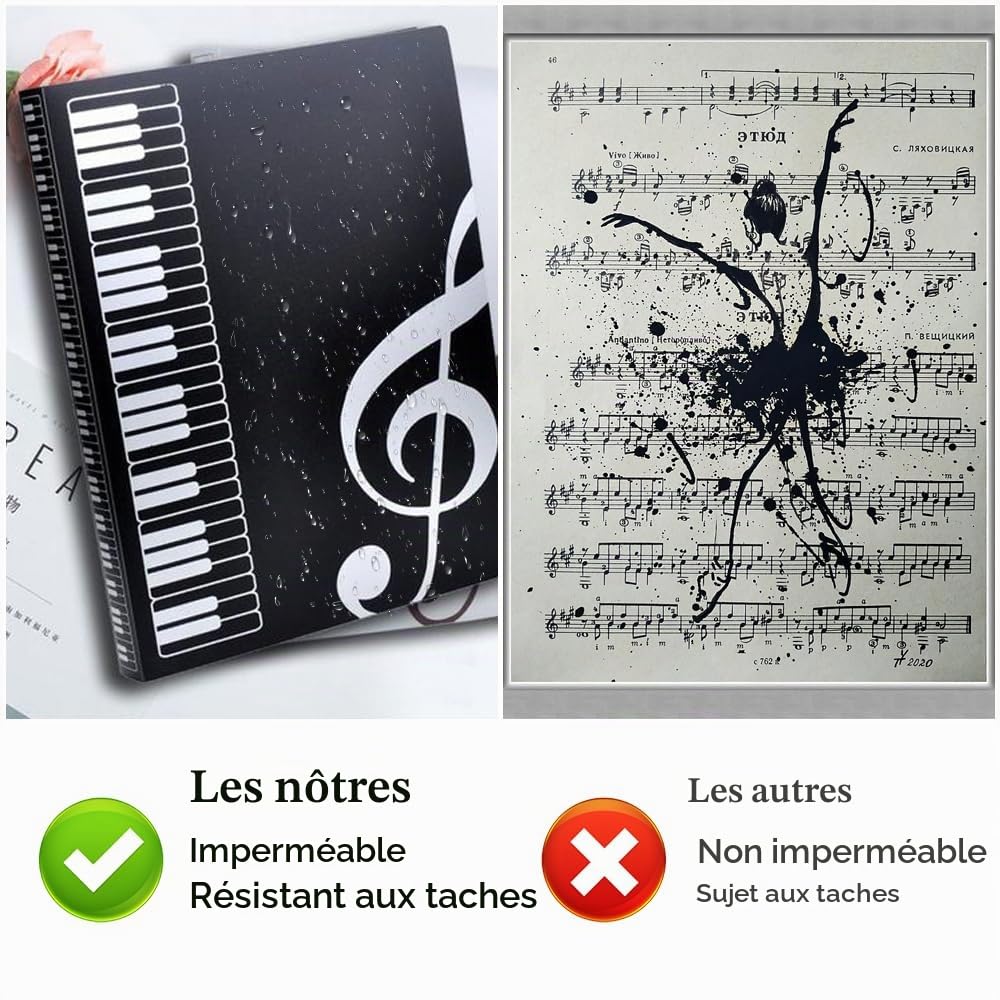 Noir Chemises pour Partitions en Plastique Imperméable | A4 Classeur Partition Musique, 40 Poches/80 Pages Dossier Feuilles de Musique, Porte Partition Chorale pour Partitions Piano