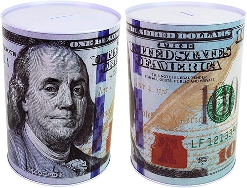 Miniatura 1 de Paquete de 2 billetes de $100 dólares, alcancía de 5 78 pulgadas de alto, moneda para ahorrar dinero, moneda Benjamin Franklin, lata de billetes