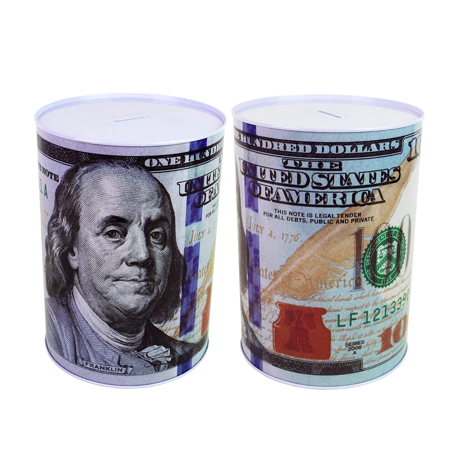 Julysgift2 Pack of $100 Dollar Bill Piggy Bank 5 7/8" Tall Coin Saving Money Currency Benjamin Franklin Tin Can Banknote Jar