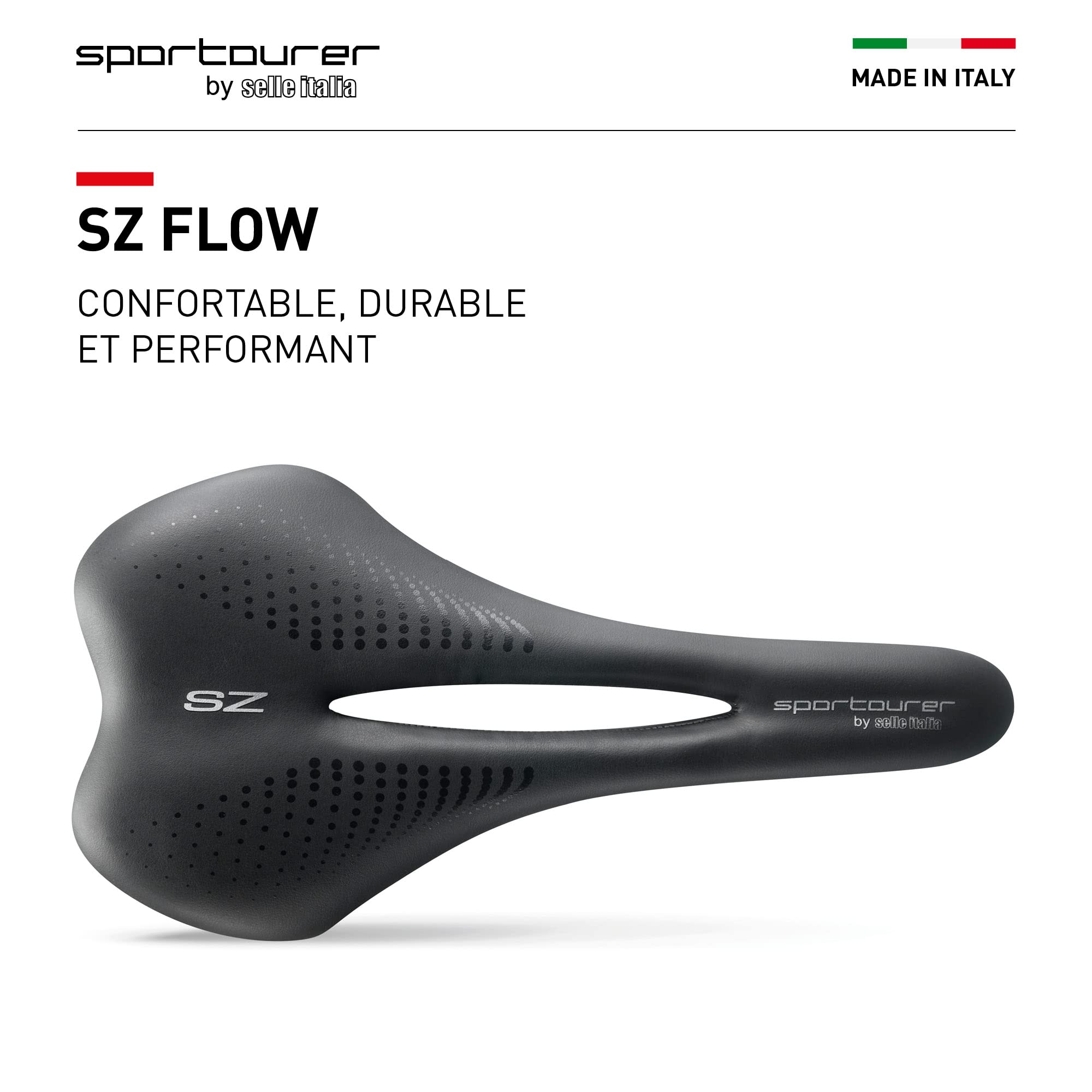 Sportourer by Selle Italia - SZ Flow, Selle de Vélo Souple à Assise Étroite, Hydrofuge et Adaptée à tous les Types de Vélo - Noir