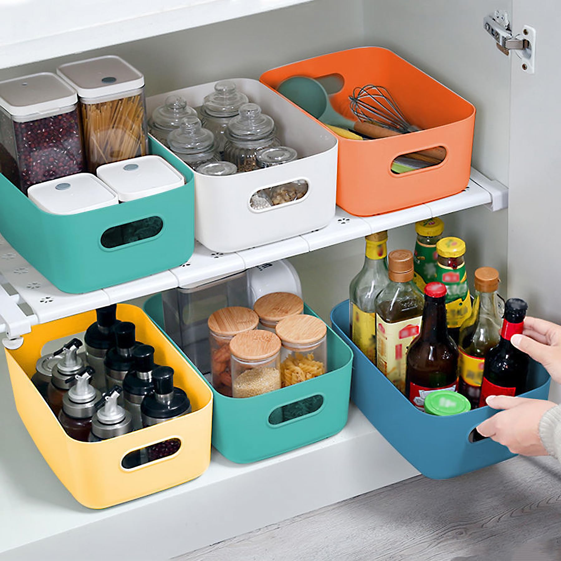 Spesh 6 cestini portaoggetti in plastica per armadietti, per cucina, bagno e mensole (blu, verde, bianco, grigio)