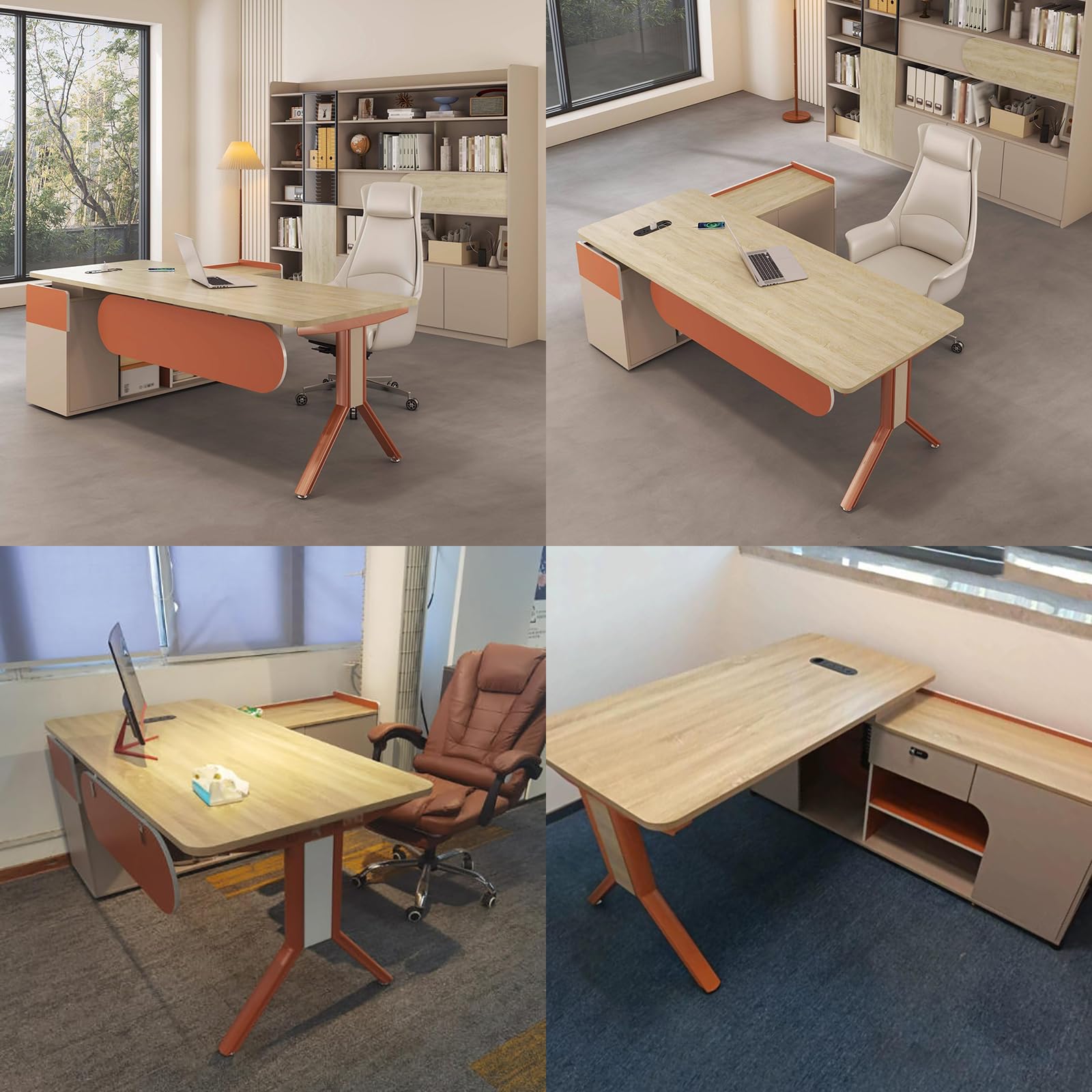 Scrivania direzionale moderna con prese integrate, cassetto di sicurezza per scrittura e raccoglitore laterale, slot per unità di lavoro professionale (140 x 70 cm, C (destra))