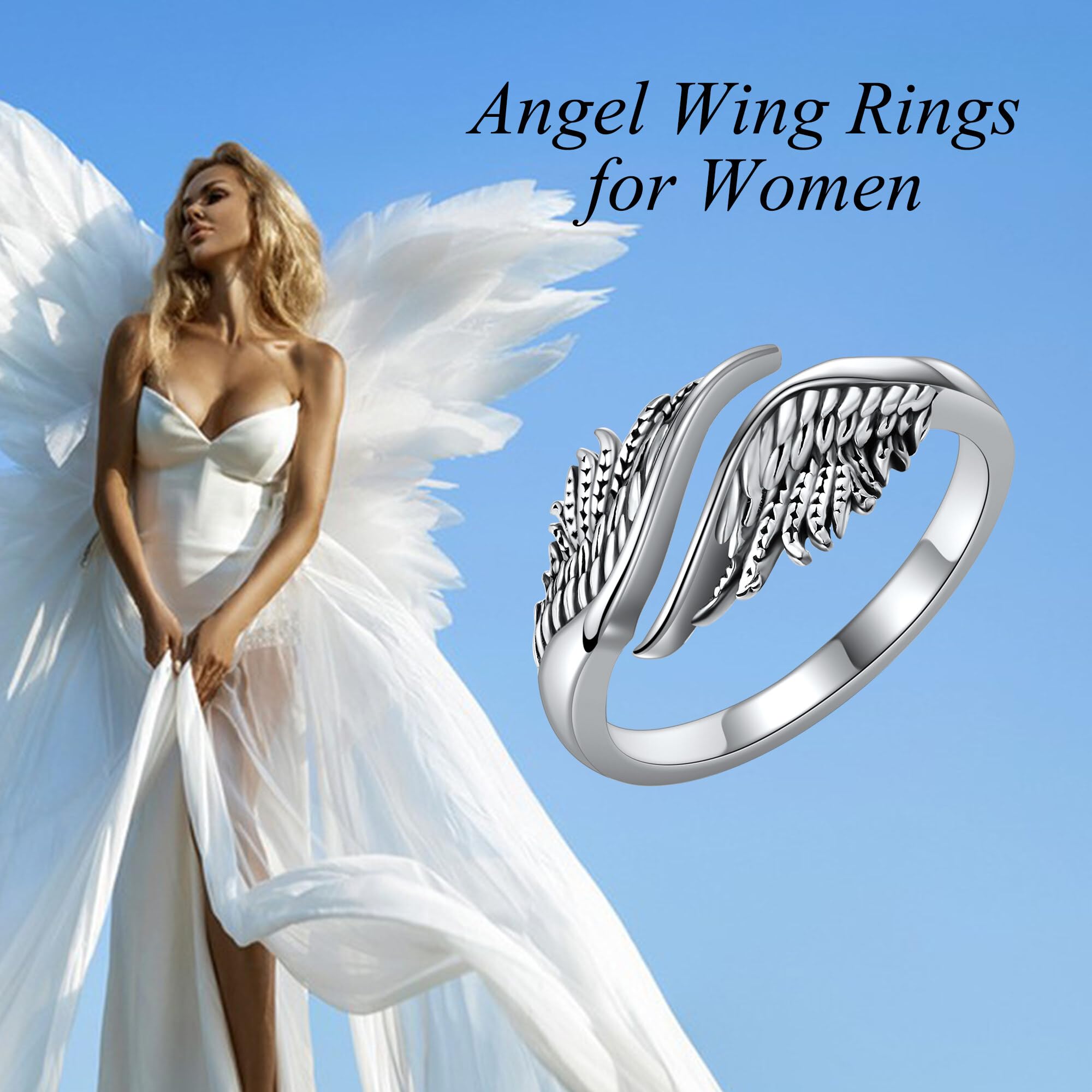 DAYLINLOVE Engelsflügel Ring 925er Sterling Silber Feder Engelsflügel Verstellbarer Offener Daumen Ring Engel Christlicher Religiöser Jahrestag Schmuck Geschenke Damen Mädchen