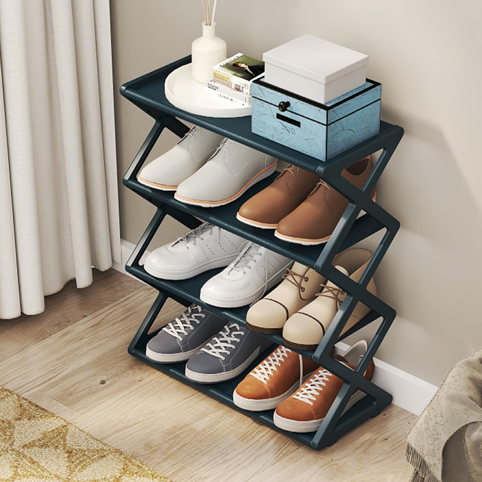 Pssopp 4 Tier Foldable Shoe Rack - Thickened Plastic Space Saving Adjustable Collapsible Shoe Storage for Hallway Entry, Closet (Black) - Image 2