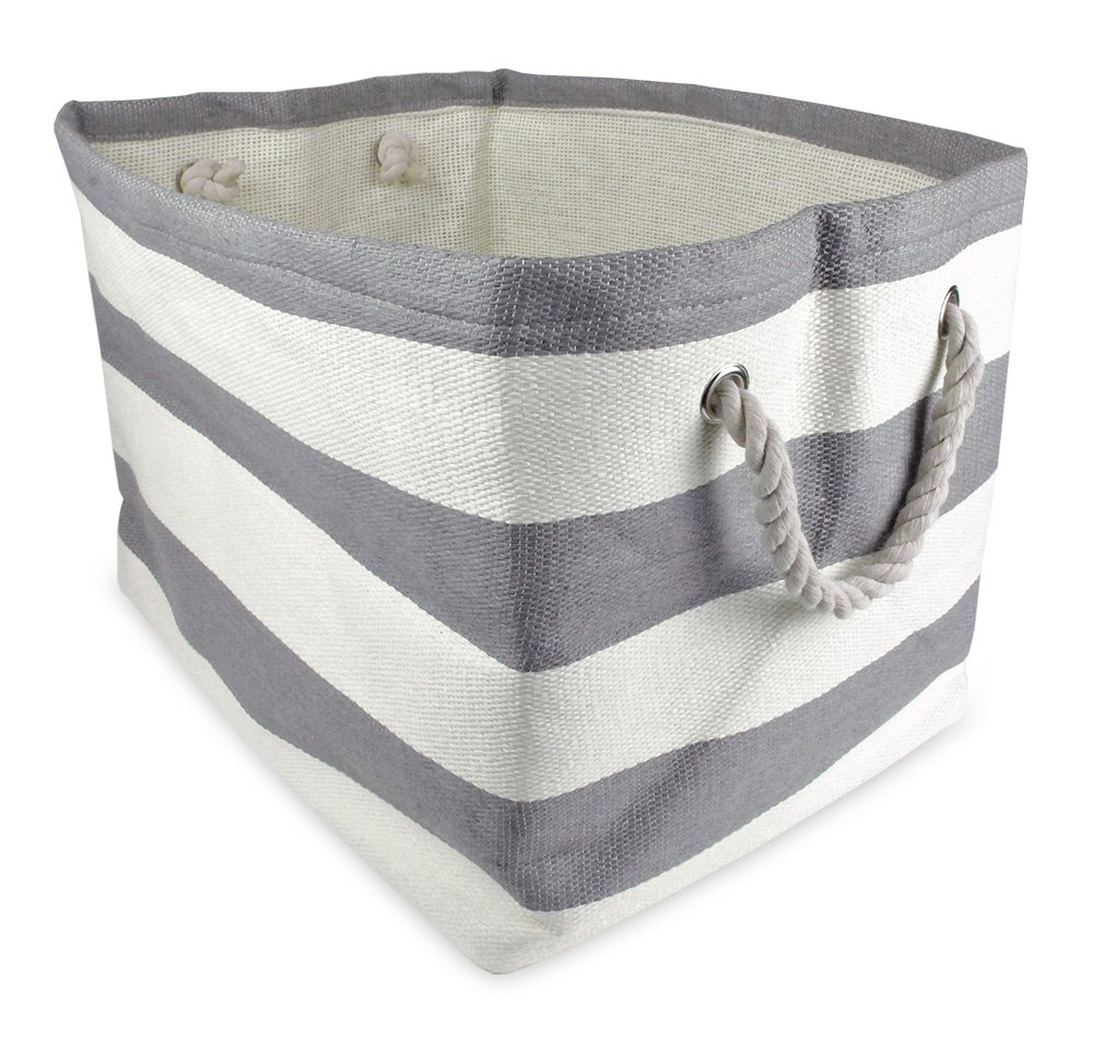 DII Durable Woven Striped Storage Bin Collapsible with Soft Rope Handles Reinforced with Metal Grommets, Small, 11x10x9", Gray