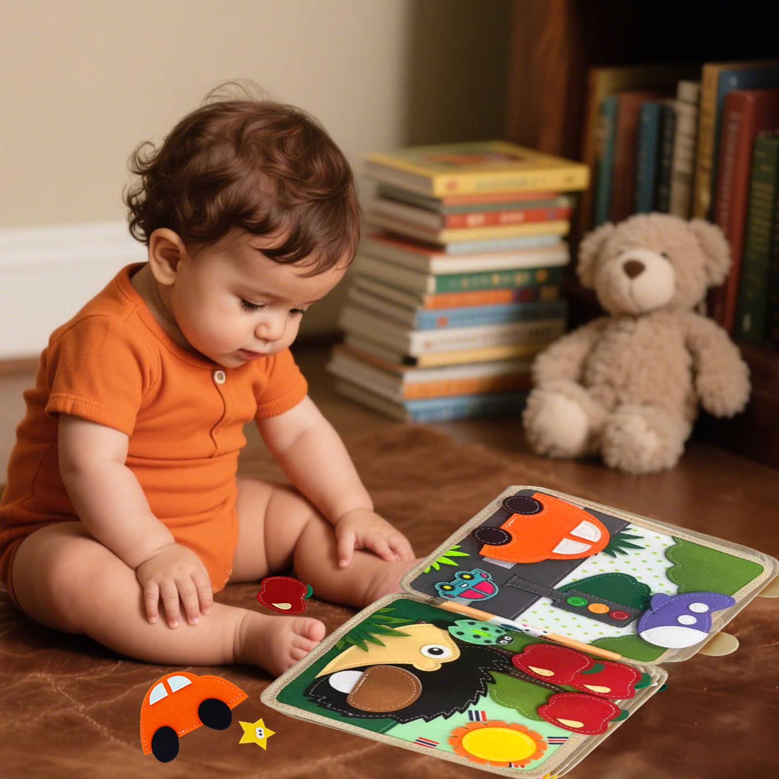 Montessori Spielzeug ab 1 Jahre,Stoffbuch Baby,3D Filz Montessori Busy Board Baby,Montessori Stille Buch mit,Stilles Buch für Reisen Zuhause,Geschenk Spielzeug ab 1-5 Jahre Mädchen Junge (Hirsch)