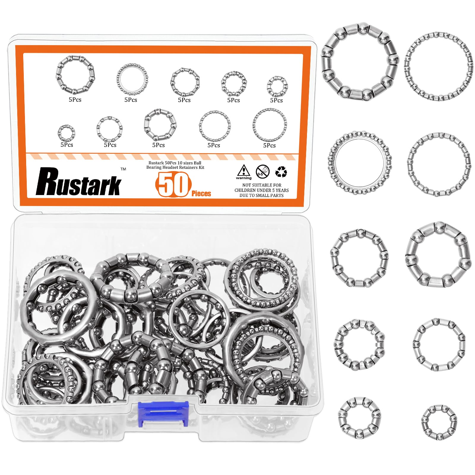 Rustark 50Pcs 10 Sizes Bike Ball Bearing Headset Retainer Assortment Kit Crank Caged Wheels Bicycle Ball Bearings Balls Bike Crank Bottom Bracket Bearings for Road Bicycle Repair