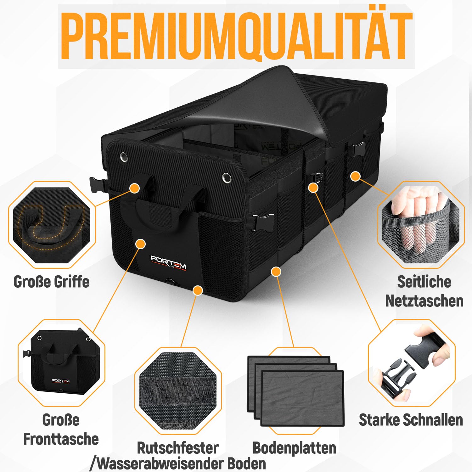 FORTEM Kofferraum Organizer, Zusammenklappbarer Auto Organizer mit Fächern, Rutschfester Boden, Verstellbare Sicherungsriemen, Klappbarer Deckel (90L)