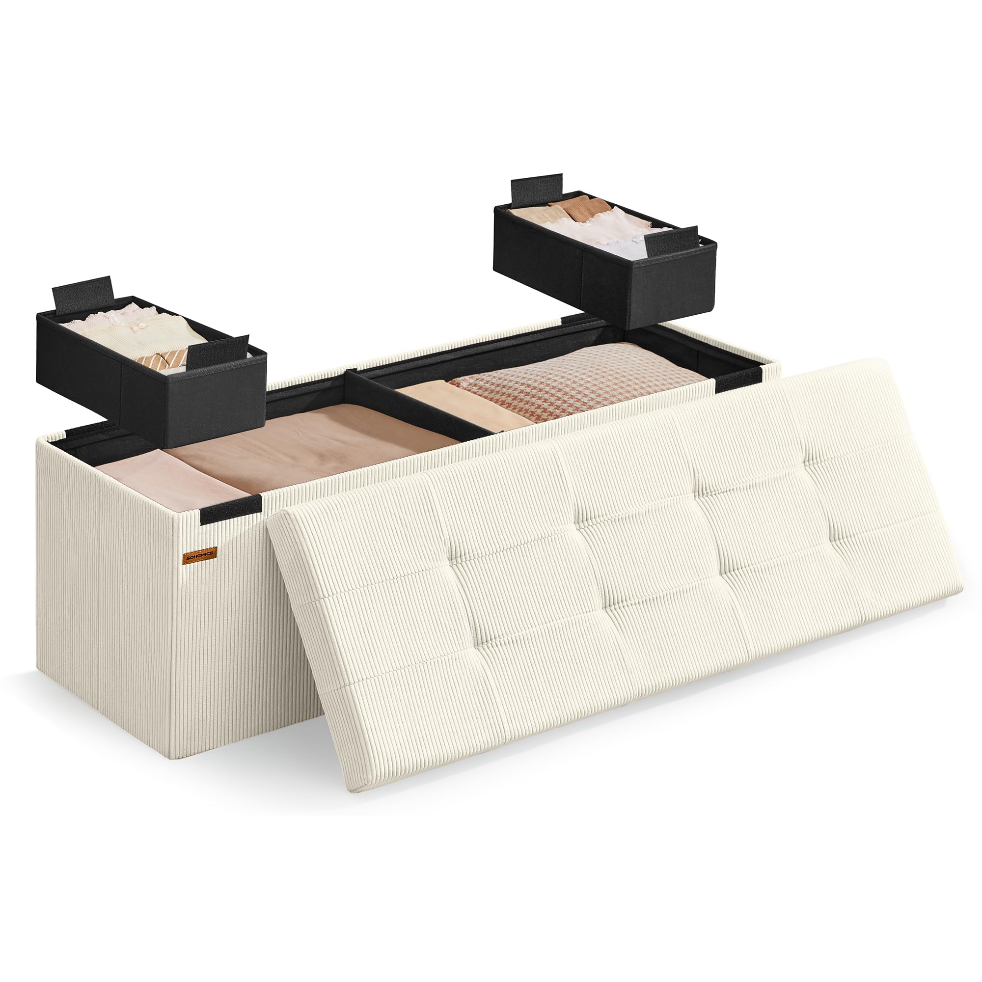 SONGMICS Sitzbank mit Stauraum, klappbare Fußbank, 38 x 110 x 38 cm, Bettbank, Aufbewahrungsbox, bis 300 kg belastbar, Wohnzimmer, Schlafzimmer, Eingangsbereich, cremeweiß LSF604W01