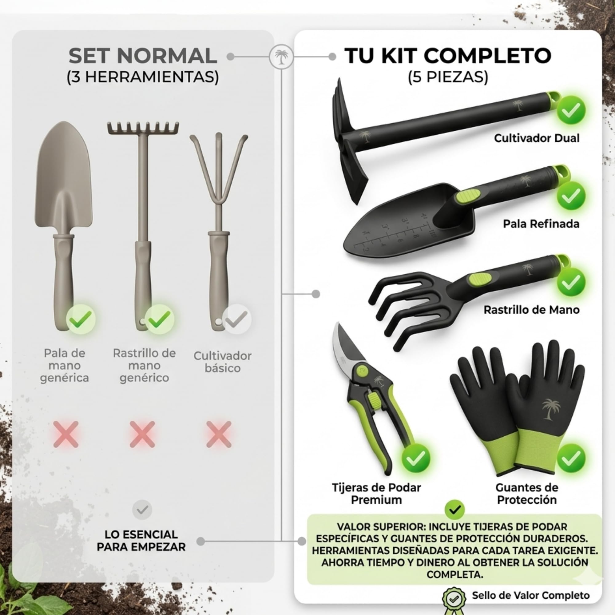 Kit 5 Herramientas de jardinería Resistente de Fibra de Vidrio Ideal para jardín, huerto Urbano o terraza | Kit jardineria Completo Que Incluye: Pala, Rastrillo, Azada, Tijeras de Podar y Guantes. - 4