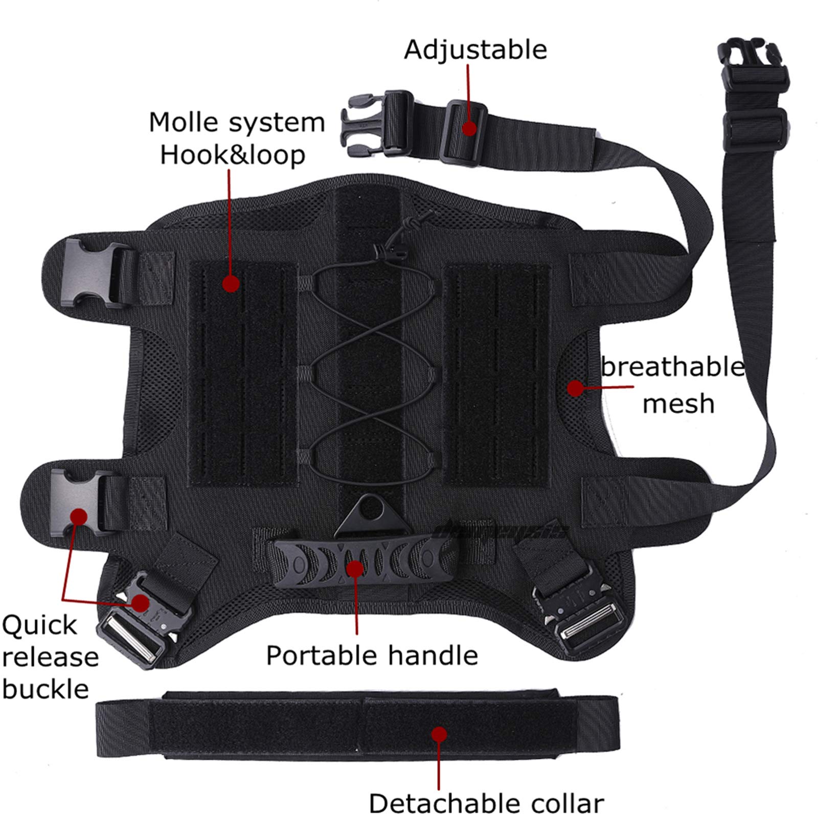 Arnés Perros Chaleco Táctico, Entrenamiento De Trabajo Molle Chaleco,MOLLE Compacta Arnés Nailon Bolsas Chaleco Abrigo para Mascota Senderismo, Caminar con Asa Y 2 Bolsos Desmontables,Negro,M