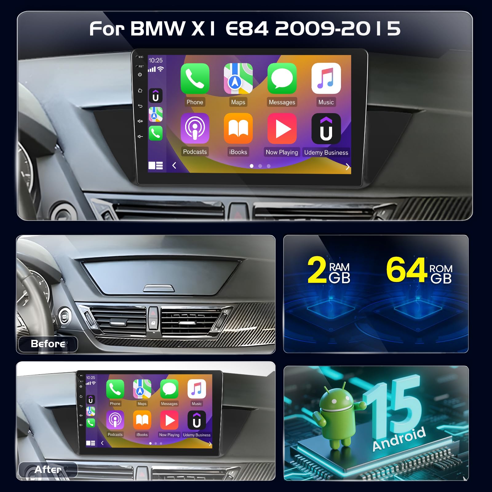 Radio samochodowe z systemem Android do Mazda 6 GH 2007-2012 z bezprzewodowym systemem CarPlay i Android Auto, radio z ekranem 9", 2 + 64 GB, DSP, WiFi, nawigacja GPS, Bluetooth, FM RDS, SWC + kamera