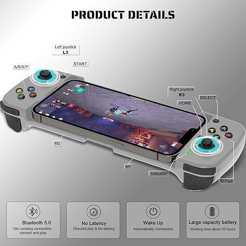 Miniatura 7 de arVin Bluetooth 5.0 Wireless Gaming Controller for iPhoneiPadiOSAndroidSamsungPC Gamepad Joystick with Back Button, Analog Triggers, Stretchable, 18