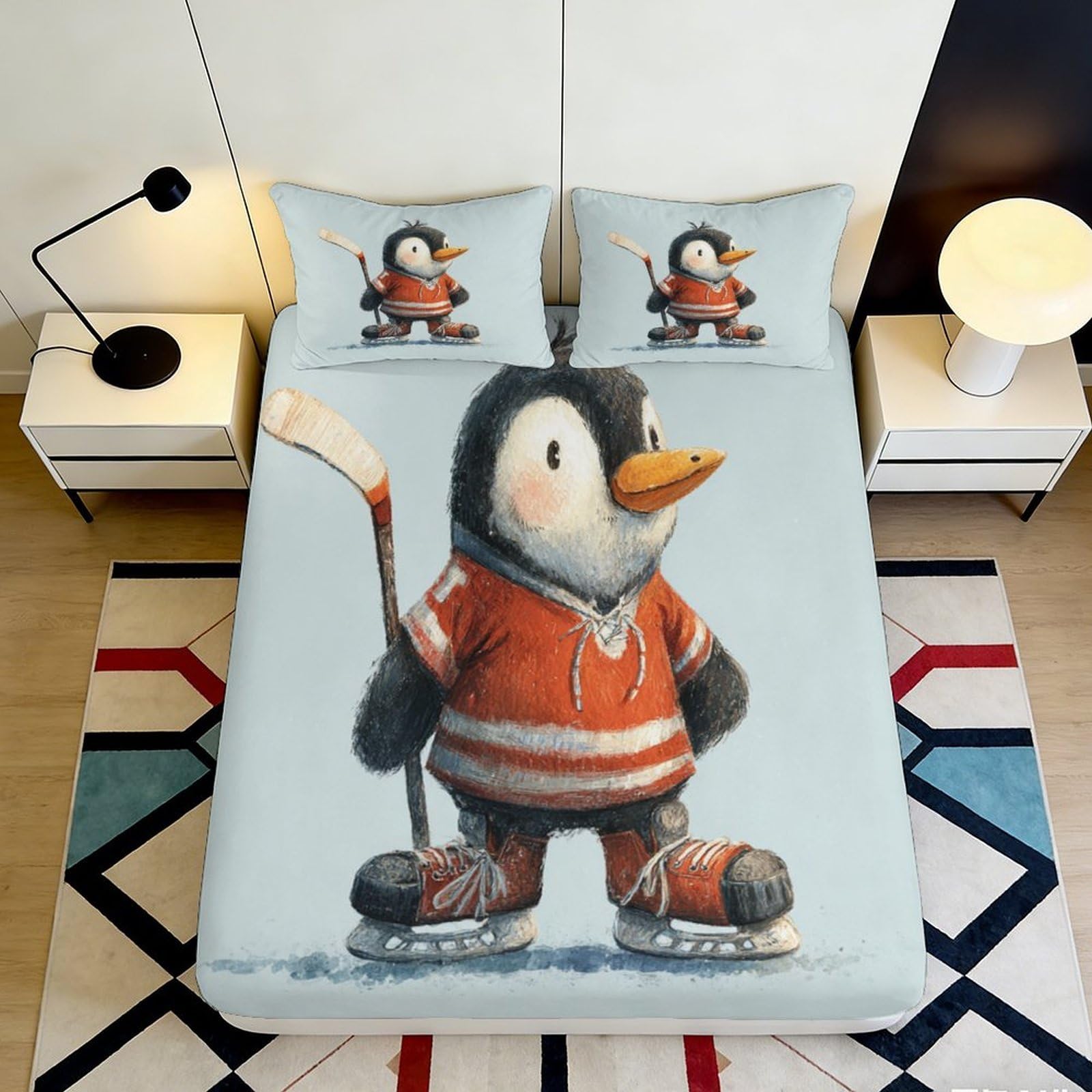 Uxinyoume Style-3 3D Printed Cartoon Penguin Fitted Sheet Microfiber Soft Blue Ice Hockey Mattress Cover Anti-Slip For Bedroom Dorm Decor 90X200x25cm