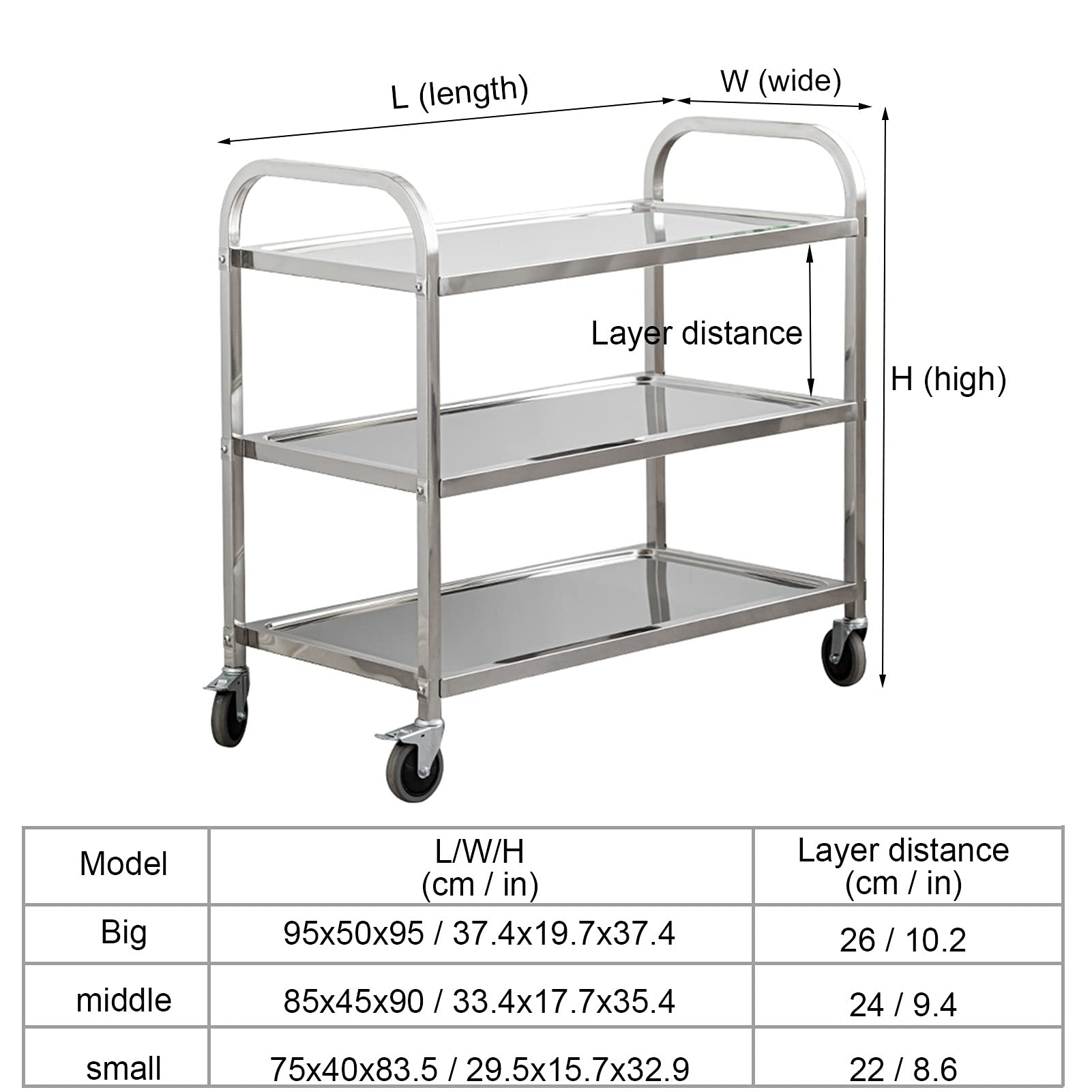 Carrello Multiuso in Acciaio Inox a 2-3 Ripiani, Carrello da Cucina con Ruote bloccabili, Carrello di Servizio per stoccaggio e organizzazione, Carrello Mobile per Alimenti Resistente