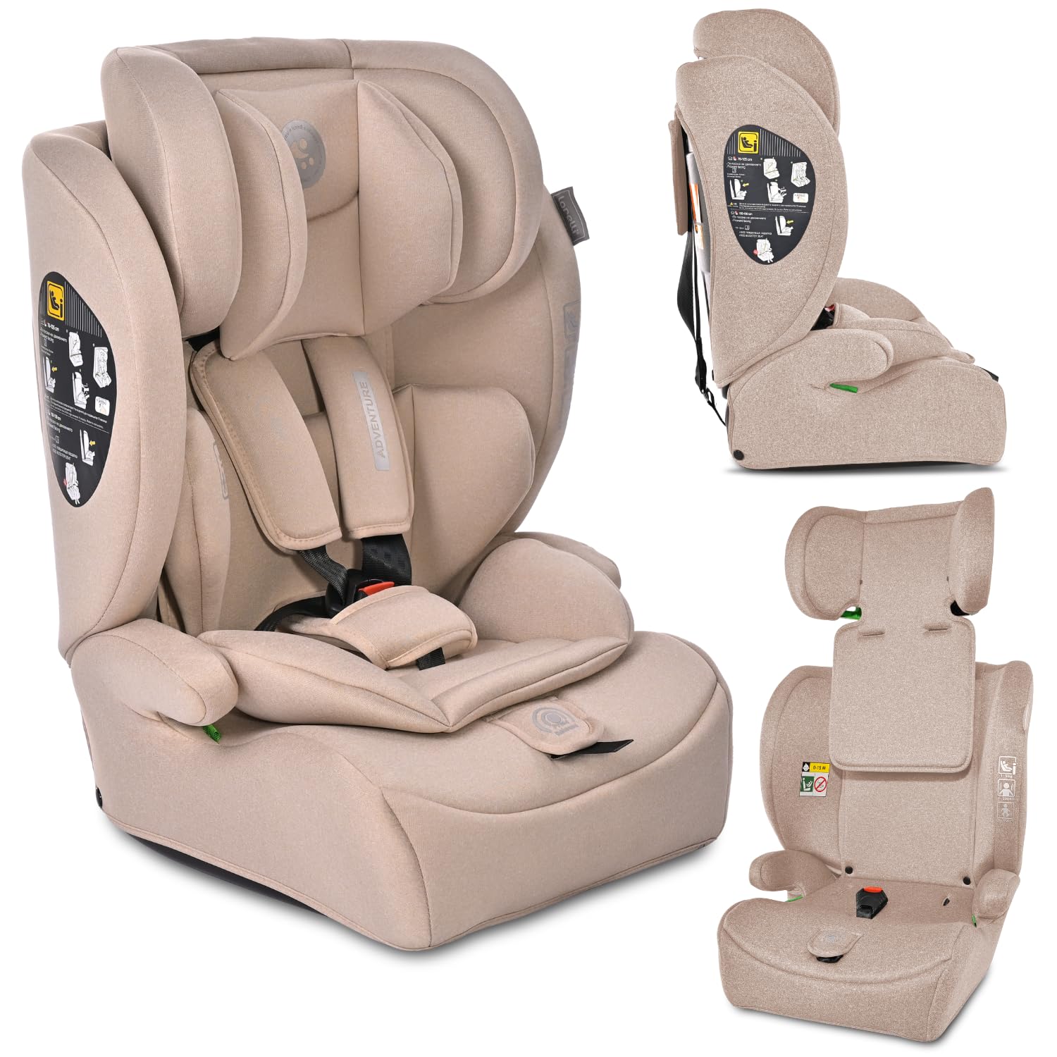 Lorelli Auto Kindersitz 9-36kg Adventure i-Size 76-150 cm, mitwachsender Autositz für Kinder, Babysitz, Autokindersitz, Einstellbare Kopfstütze, 5-Punkt-Sicherheitsgurt, beige