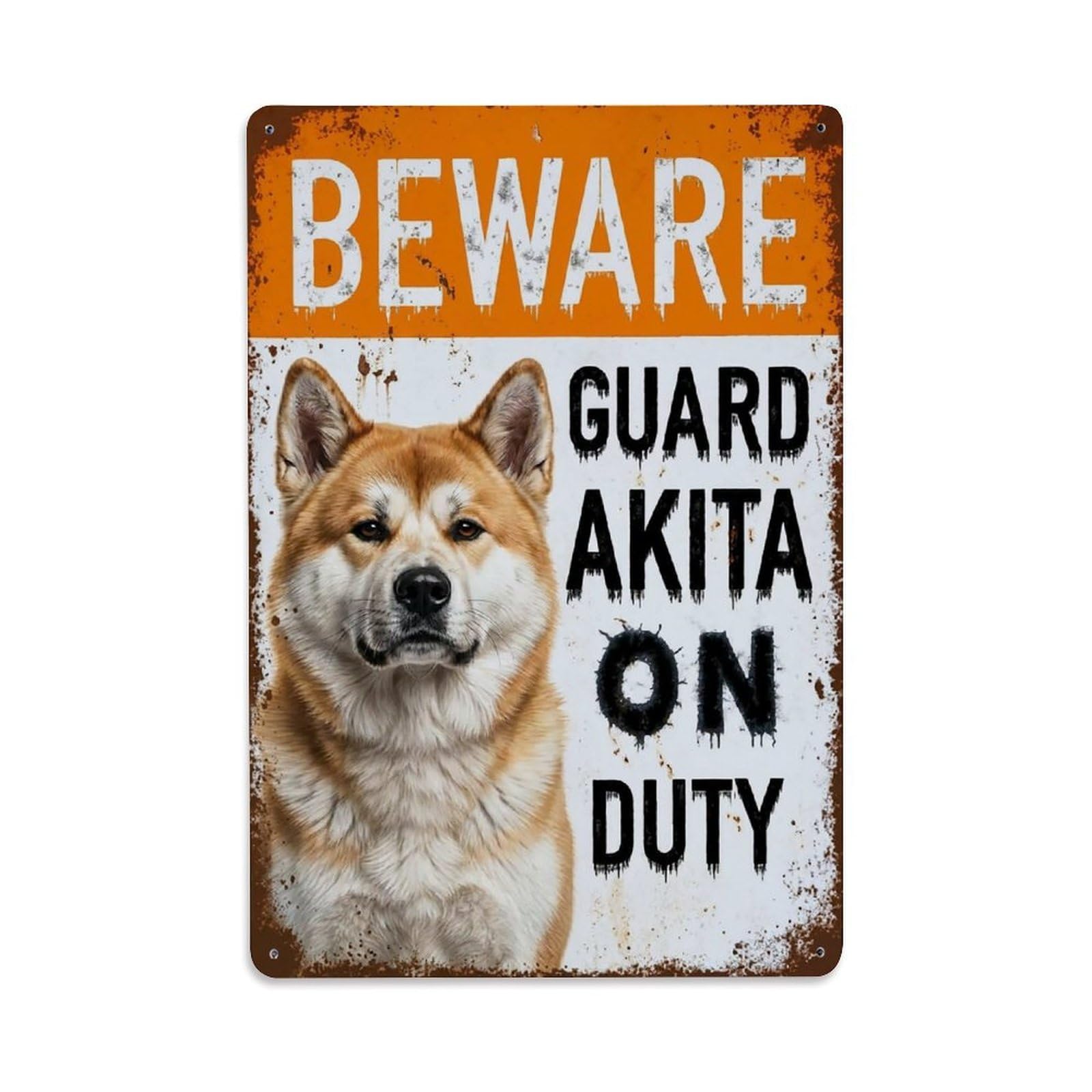 Vintage Funny Akita Guard Beware of Dog Driveway Metal Tin Sign Plaque Wall Decor for Cafe, Club Bar, Office, Garden Metal Poster 8x12Inch