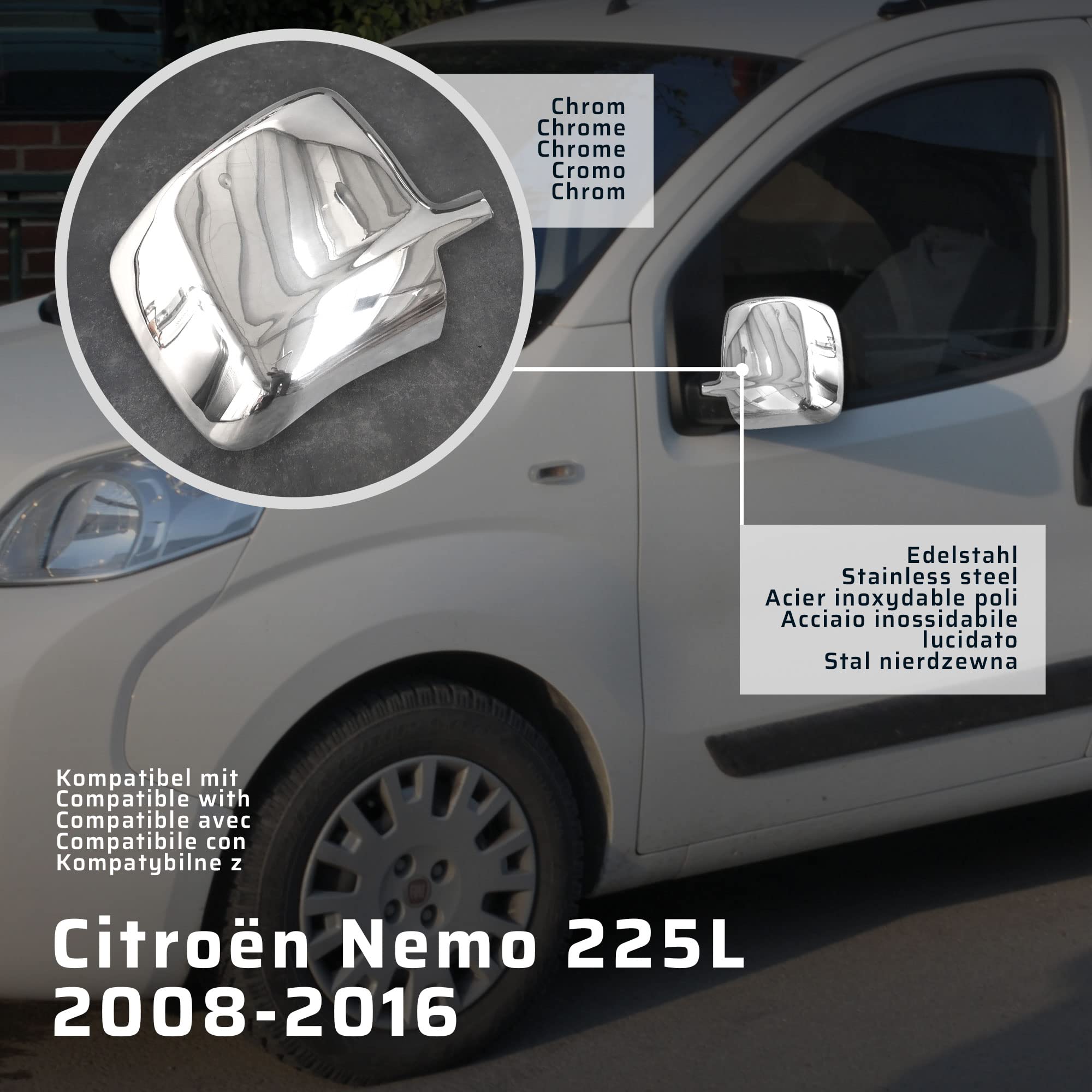 CHROMEMASTER | Nakładki na Lusterka Zewnętrzne | Kompatybilne z Citroën Nemo 225L 2008-2016 | Stal nierdzewna; Osłony Lusterek to Niepowtarzalny Wygląd Auta i Ochrona Przed Uszkodzeniem