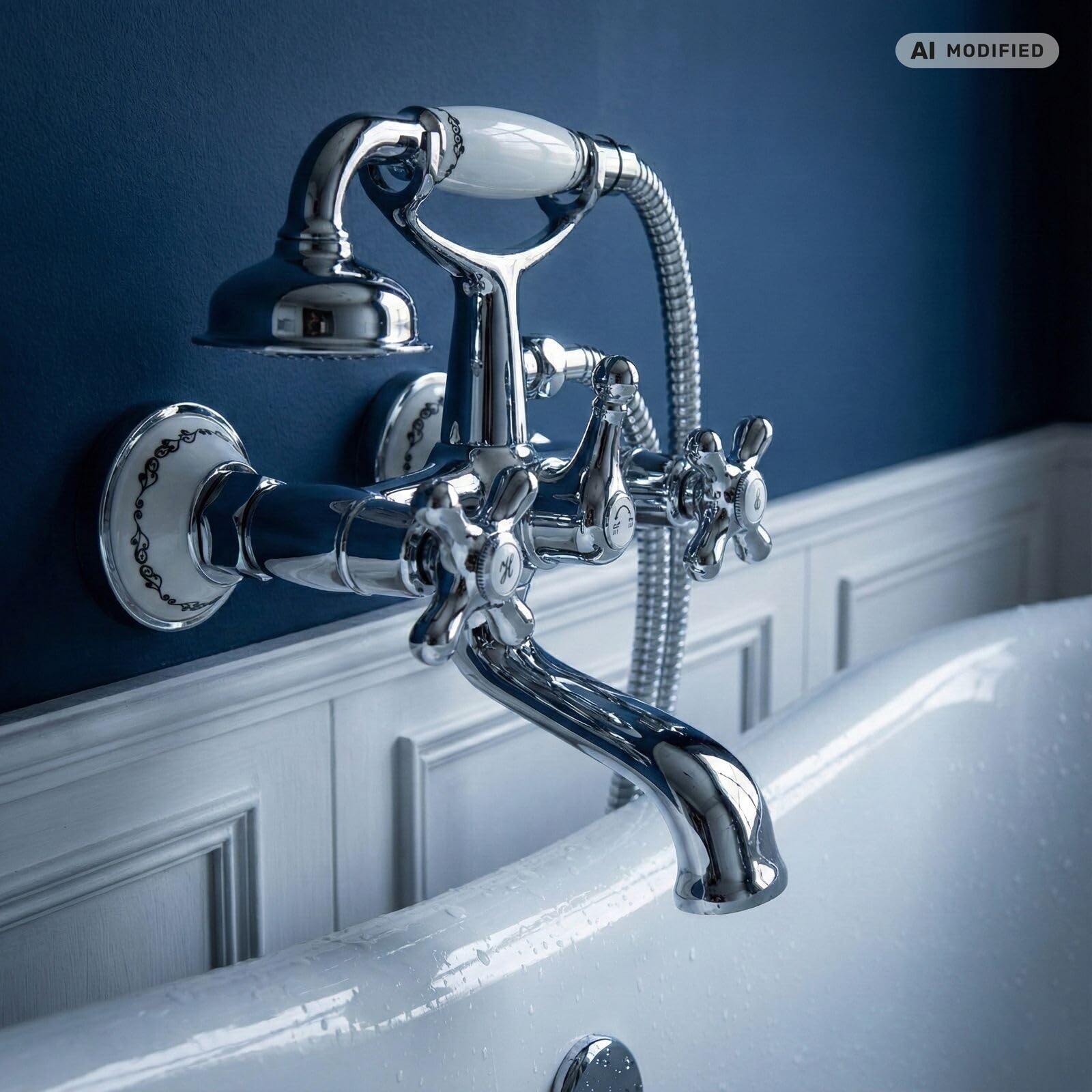 Grifo de Baño Nostálgico Estilo Campestre, Latón Cromado, Montaje en Pared, Altura 19 cm, con Ducha de Mano