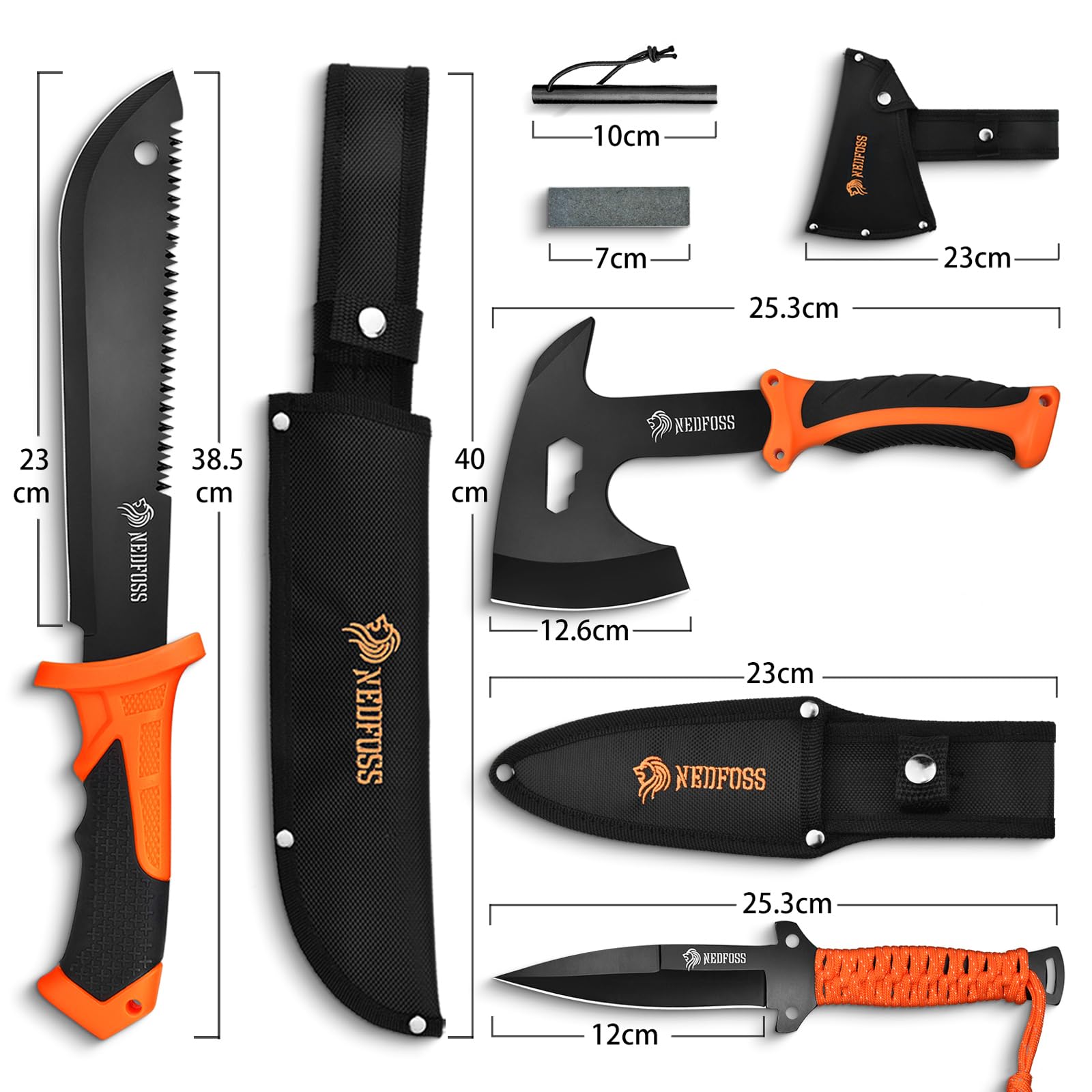 Nedfoss 38.5cm Machete Axt Messer Set mit 10cm Feuerstahl & Scheide, Survival Machete scharf echt, 25.3cm Outdoor Axt Survival, mini Beil, 25.3cm Full Tang Outdoor Messer mit Paracord für Camping