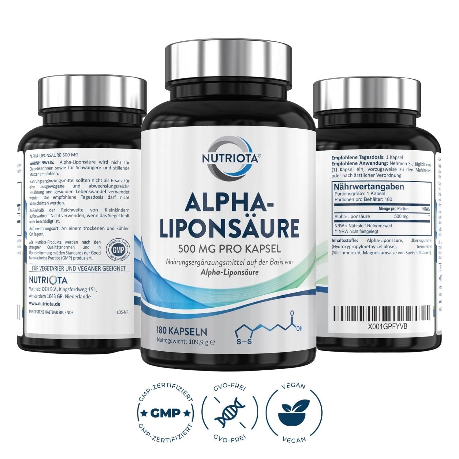 Alpha-Liponsäure ALA 500mg | 180 hochdosierte vegane Kapseln | Hilft bei Entzündungen, unterstützt Blutzucker-Regulation und Nervengesundheit, wirksam gegen kribbelnde Füße, Hände, Gliedmaßen und mehr