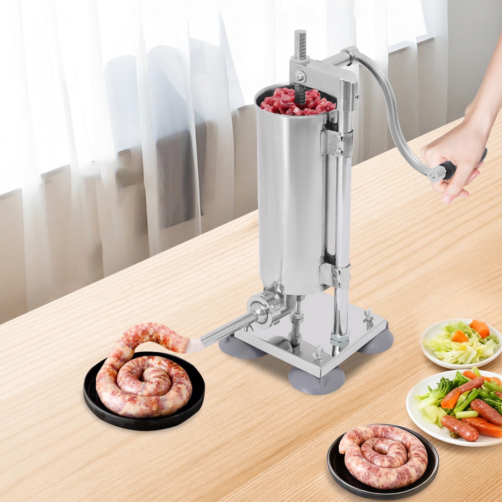 Máquina manual para embutir salchichas de acero inoxidable, prensa vertical Manuel para embutidos, de pie, con 4 tubos de acero inoxidable y tubos de plástico, para cocinas, restaurantes