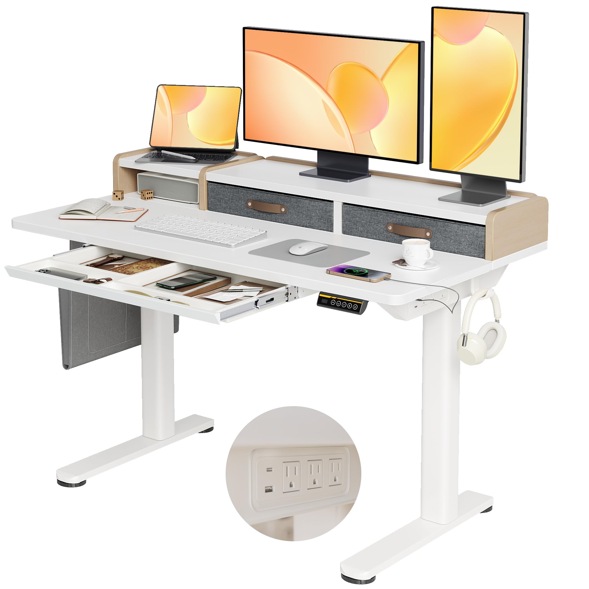 Claiks Standing Desk with Drawers Power Outlet 48 Height Adjustable Computer Desk with USB C Port Sit Stand
