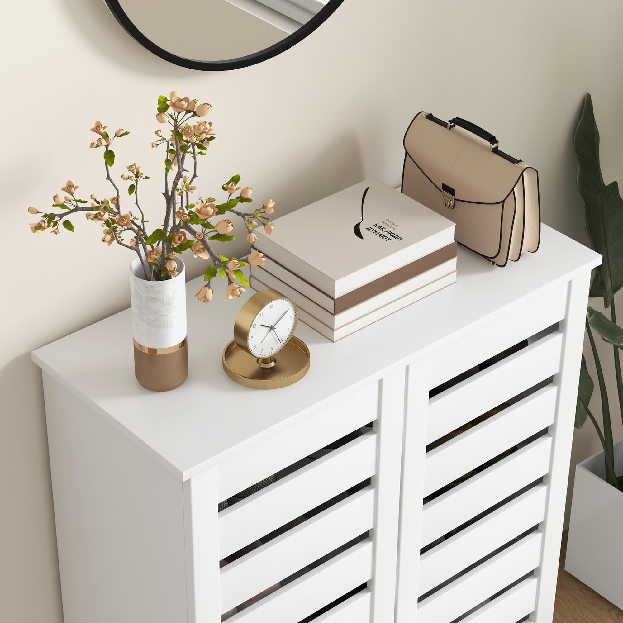 HOMCOM Mobile Scarpiera a 5 Livelli con 4 Scaffali Regolabili e Ante a Doghe, Scarpiera Moderna Salvaspazio in Legno, 76x33x98 cm, Bianco