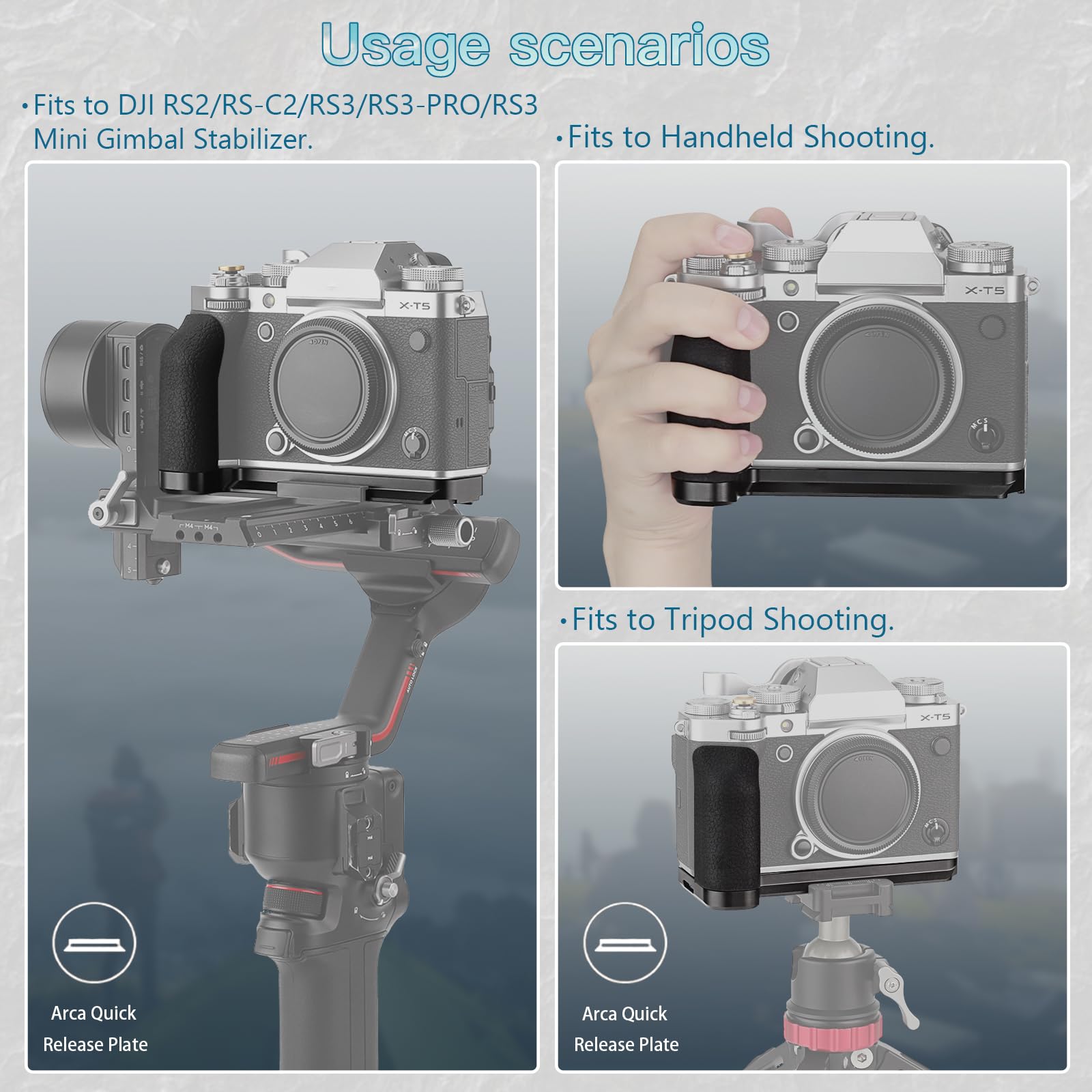 Maniglia Haoge X-T5 per Fuji XT5 con impugnatura laterale ergonomica in silicone, piastra Arca Swiss per DJI RS2/RS-C2/RS3/RS3-PRO/Mini Stabilizzatore Gimbal, Nero MHG-XT5B