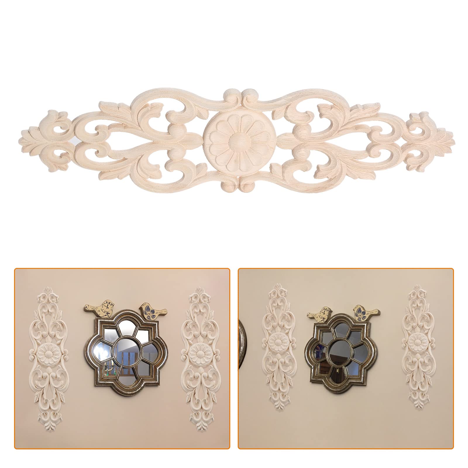 MUXSAM Wood Carved Onlays, 2Pcs Unpaint Decorative Appliques, Long Furniture Carving Decals for Cabinet Mirror Dresser Wall Closet Cupboard Bed Furniture Piece DIY Project, 32x8cm/12.6"x3.2"