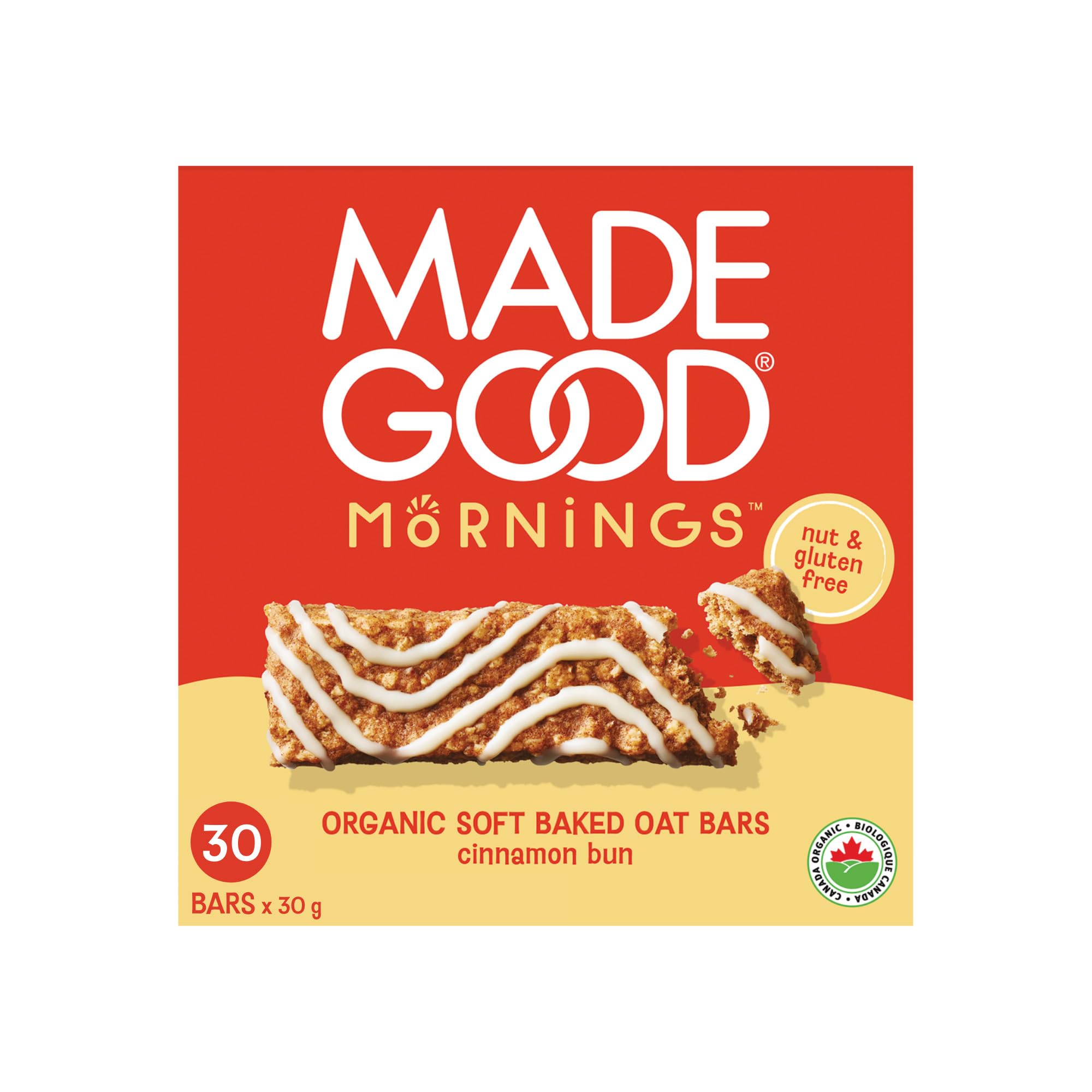 MadeGood Mornings Soft Baked Breakfast Bars, Cinnamon Bun 1.06 Oz (30 Count) Gluten Free Snacks