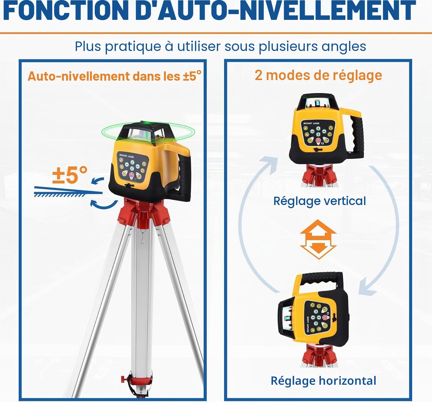 Niveau Laser Rotatif Kit de nivellement laser vert, faisceau vert de 500 m, nivellement laser rotatif automatique à 360° pour la construction, avec télécommande et mallette en aluminium