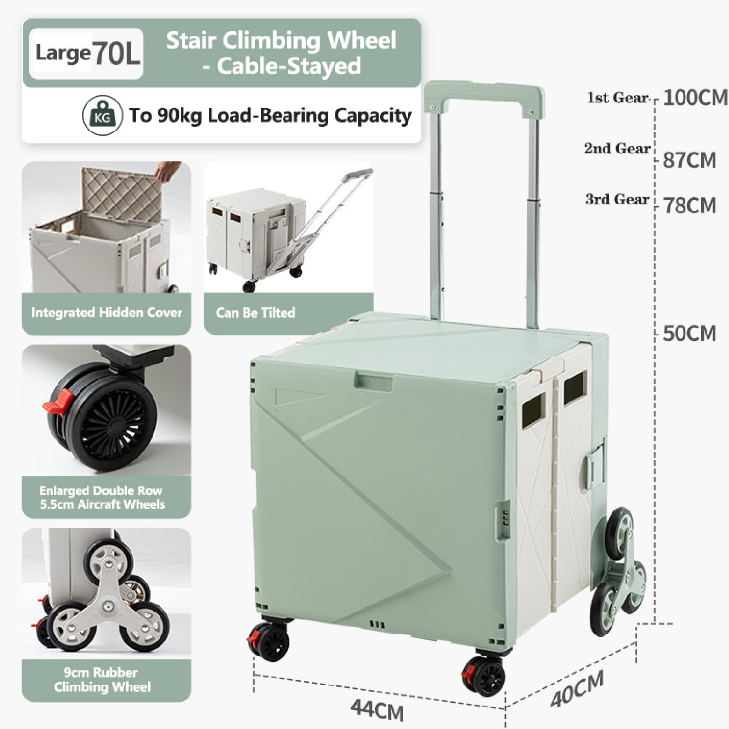 Carrello portaoggetti Pieghevole Beige con Ruote per Salire Le Scale - Cassa portaoggetti da 70 Litri per Viaggi, Shopping, traslochi e Ufficio - Maniglia telescopica per Una Facile manovrab