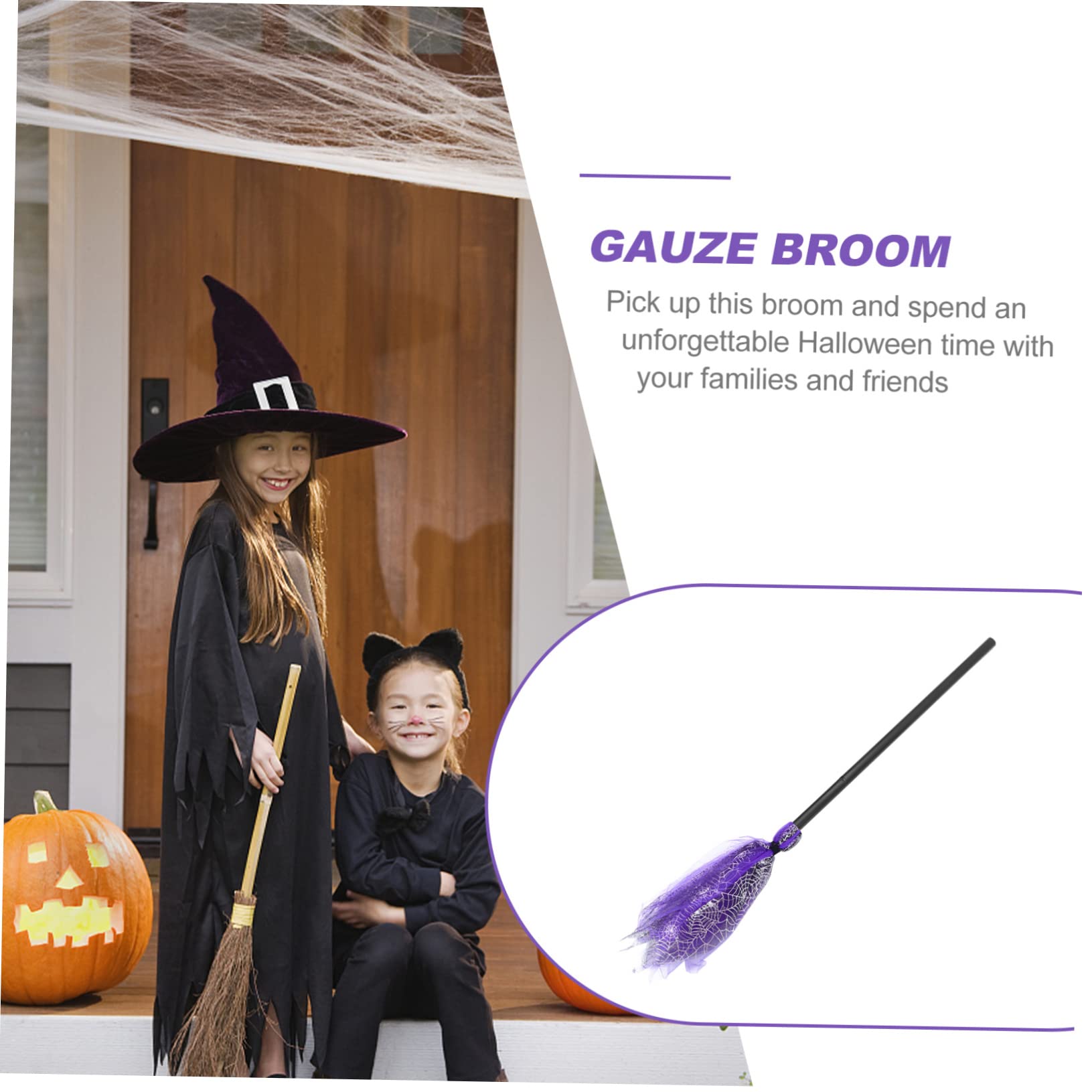 LIOOBO 1Pc Halloween Witch Broom with Web Gauze Besom Prop for Costume Cosplay and