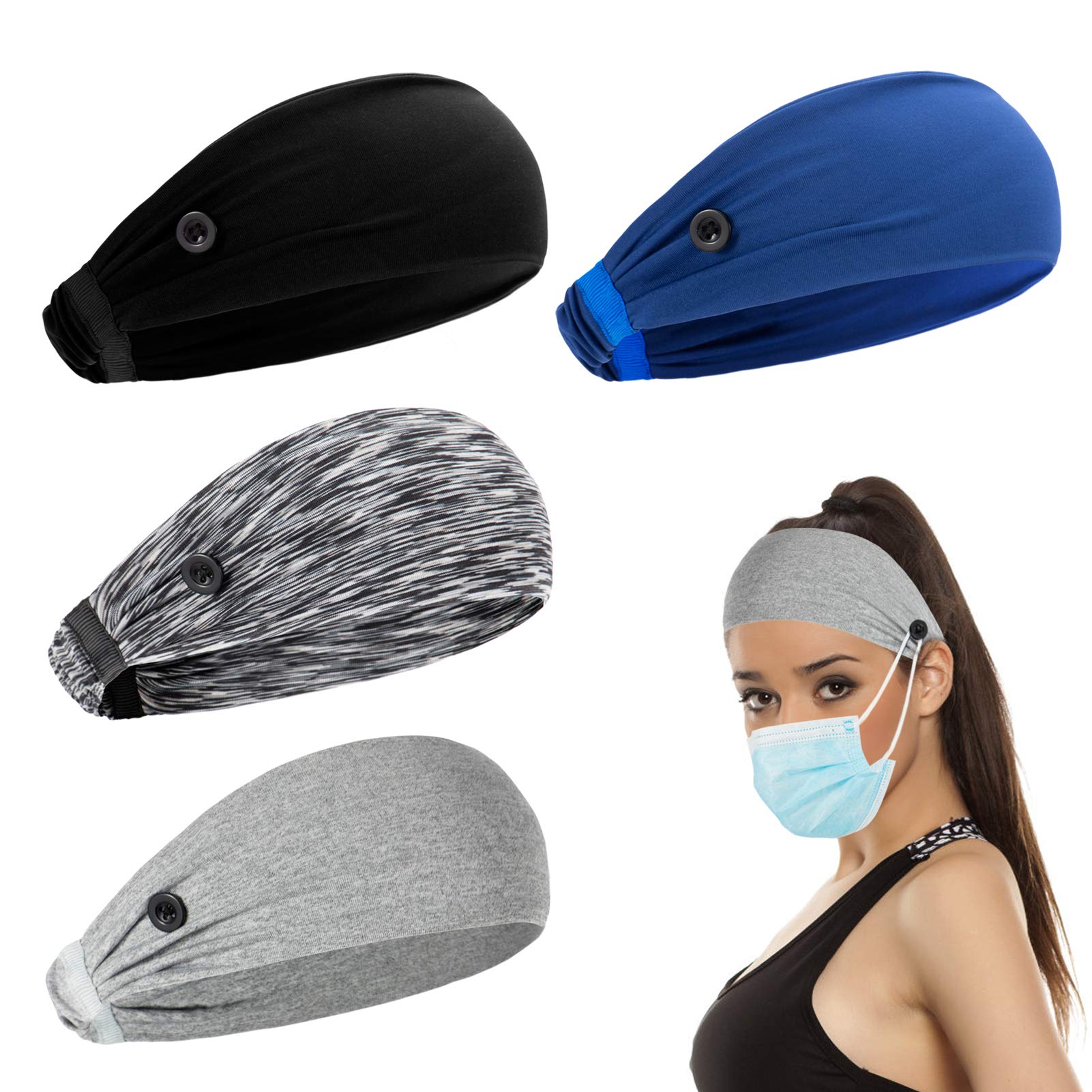 4pcs High Elastic Button Headbands Set- Non Slip Headbands with Button in 4 Colors Hair accessories for Moisture Wicking Sweatband Sports Head Wrap for Yoga Sports Outdoor Activities