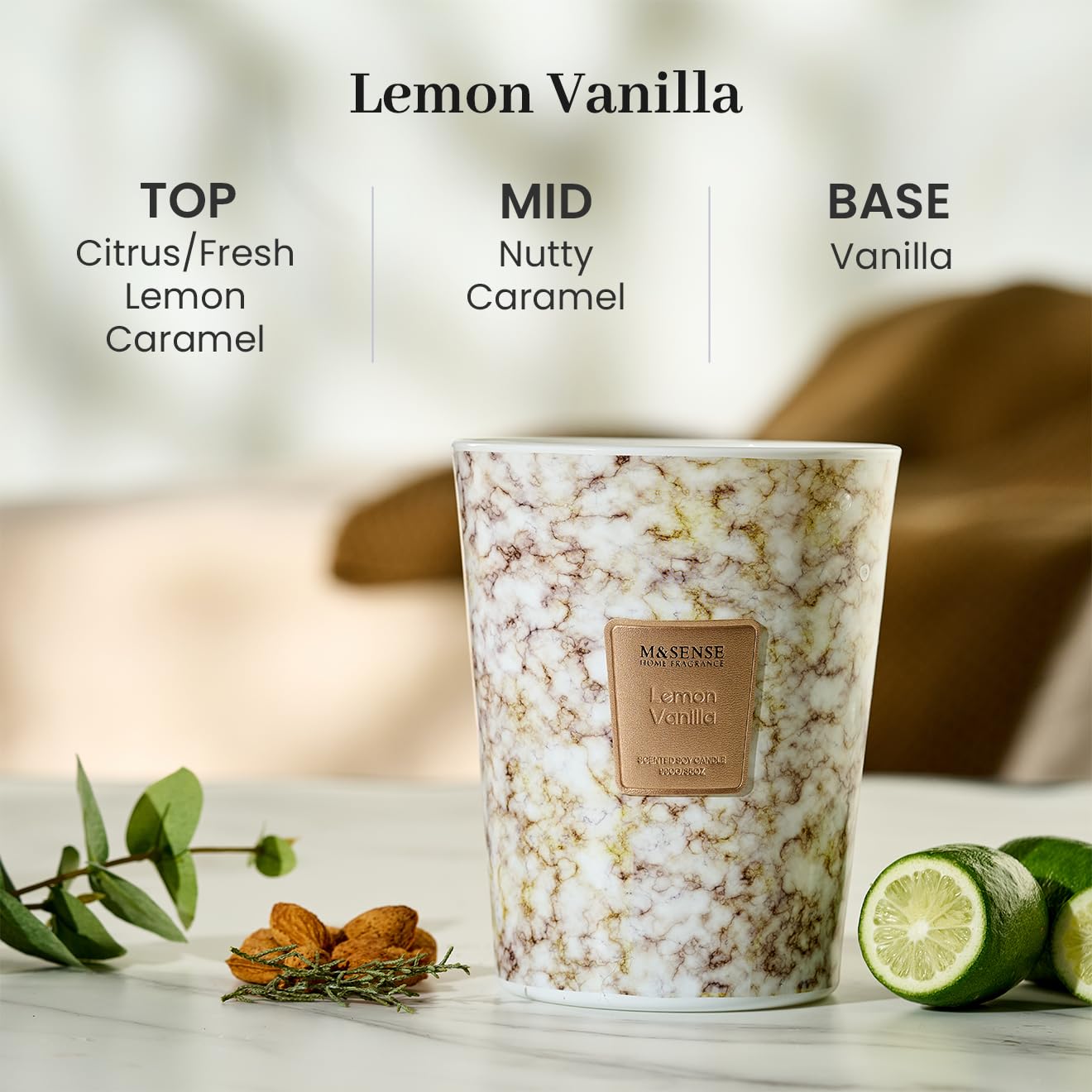M&SENSE 990 g Vela aromática grande | Velas perfumadas de limón y vainilla en tarro | Velas naturales de cera de soja | Regalo para mujeres y hombres, Navidad|150 h de combustión y 3 mechas, Home