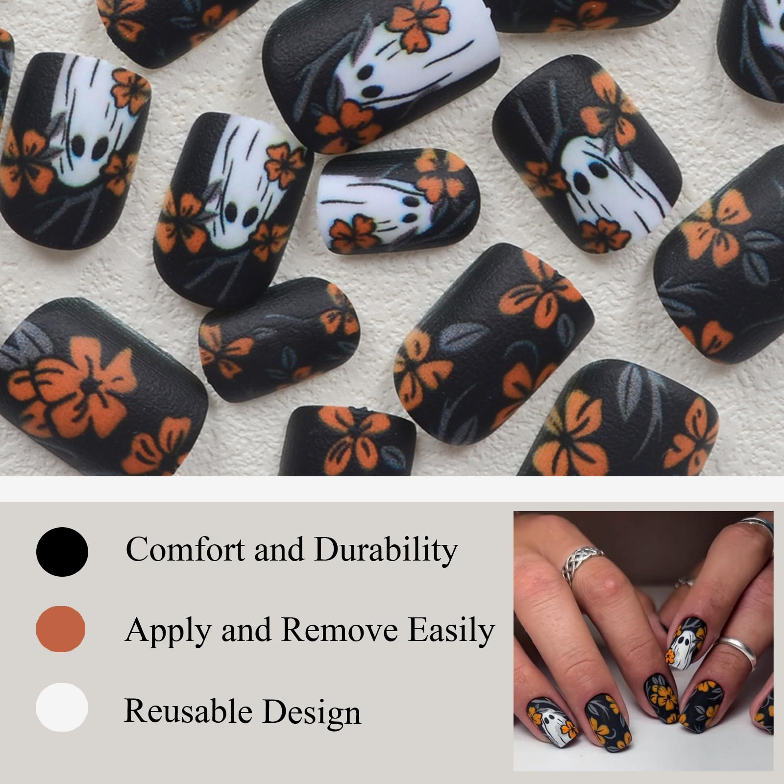 Halloween Short Square False Nail -24 PCS Black Fake Nails -Orange Flowers White Ghost False Press on Nails Design - Image 4