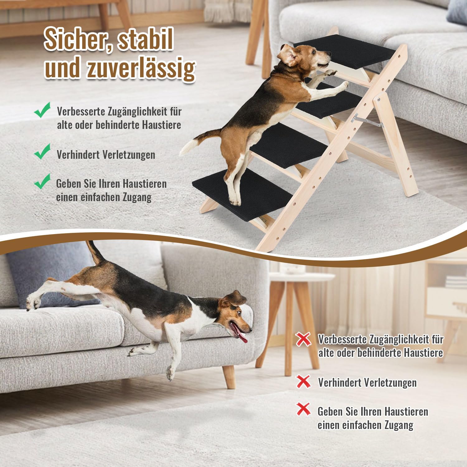 Escalera y Rampa para Perros 2 en 1,4 Peldaños de Madera de Pino,Plegable con Alfombra Antideslizante,Soporta hasta 80 kg,para Perros Pequeños,Medianos,Grandes y Mayores,Cama y Sofá,Interior | Cama para perros, altura ajustable y antideslizante, para perr