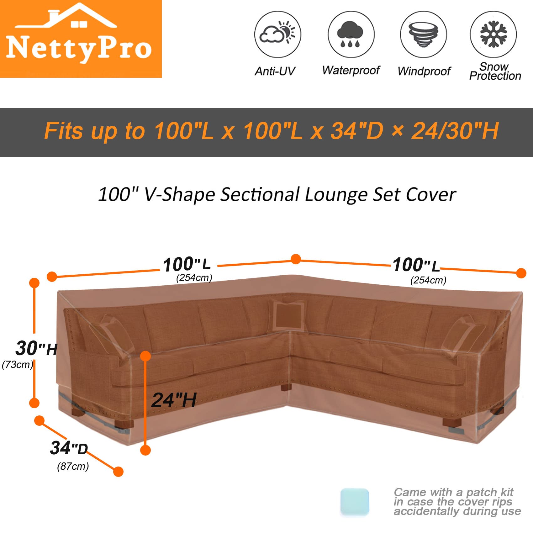NettyPro Patio w kształcie litery V segmentowy zestaw wypoczynkowy pokrowiec wodoodporny (V-100 Lx100 Dx30 H)
