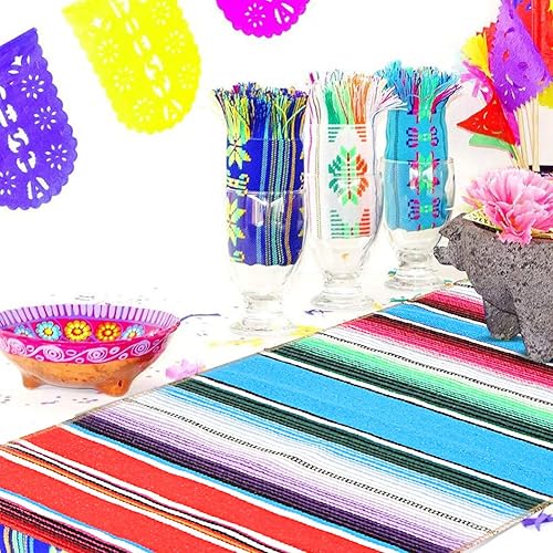 Miniatura 10 de Camino de mesa mexicano, paquete de 6 caminos de mesa de serape de algodón para decoración de fiestas temáticas mexicanas, fiesta, cinco de mayo,