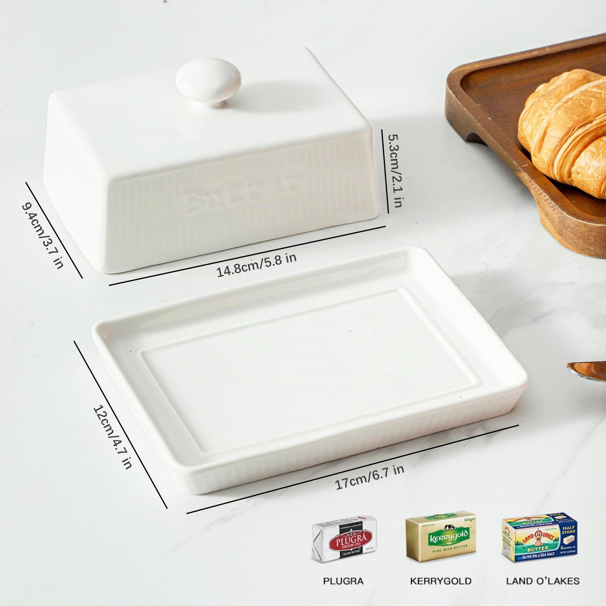 weiß Butterdose Keramik für 250g Butter, rechteckige Butterglocke, Butterschale mit Deckel und Griff, Butterbox Spülmaschinenfest, Butterbehälter im Landhausstil für Haus und Küche