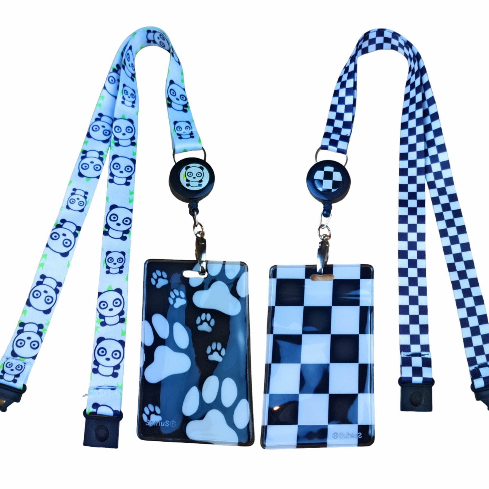 SpiriuS 2 x Retractable Reel Breakaway Lanyards Neck Straps with Unique Waterproof Zip Lock Card Holders for Badge, Pass, ID Card B (Checkered + Panda)