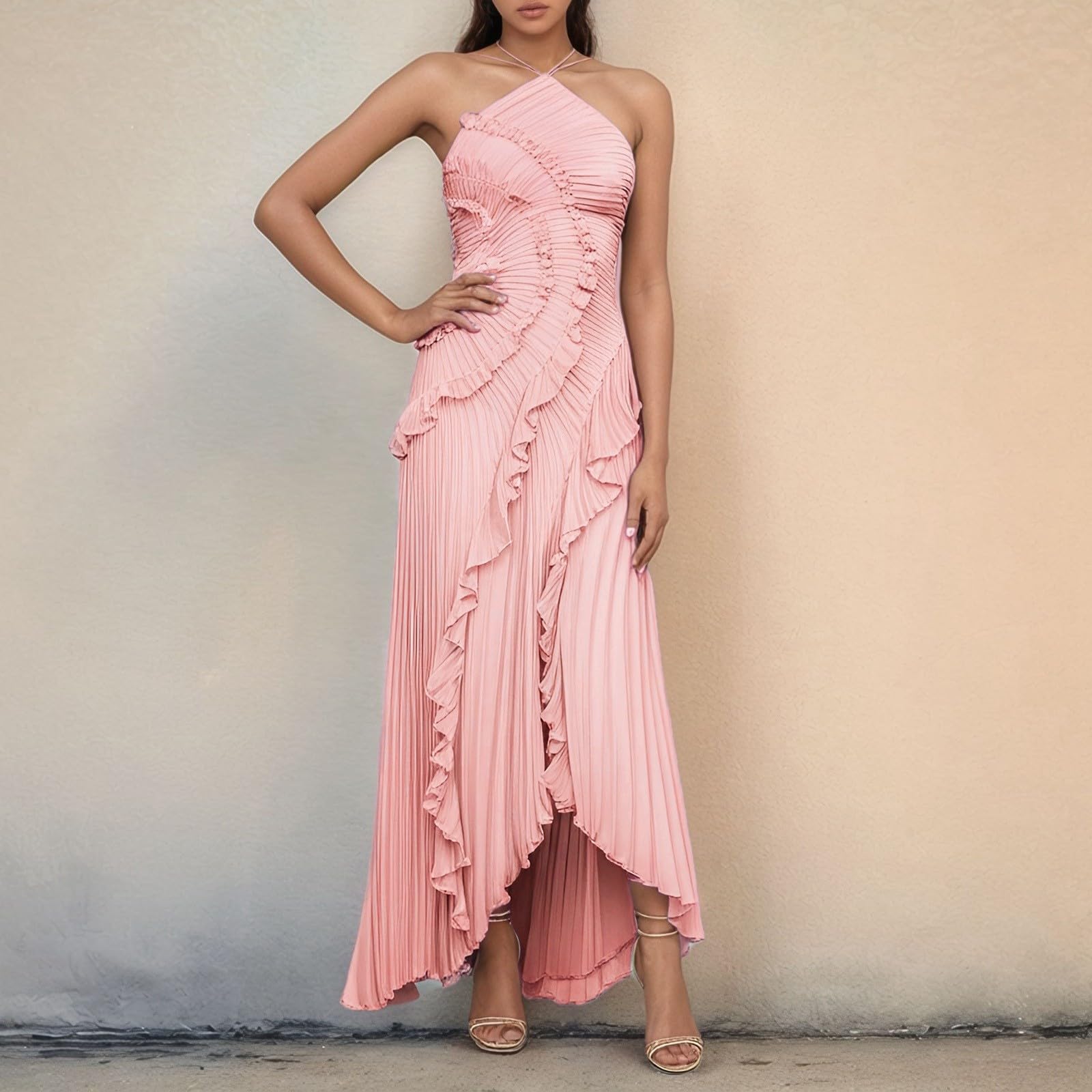 Generisch Abito da donna senza maniche con fettuccia sul collo, in tinta unita, elegante, maxi abito con volant, design avvolgente, spacco laterale, abito da sera estivo, abito da cocktail