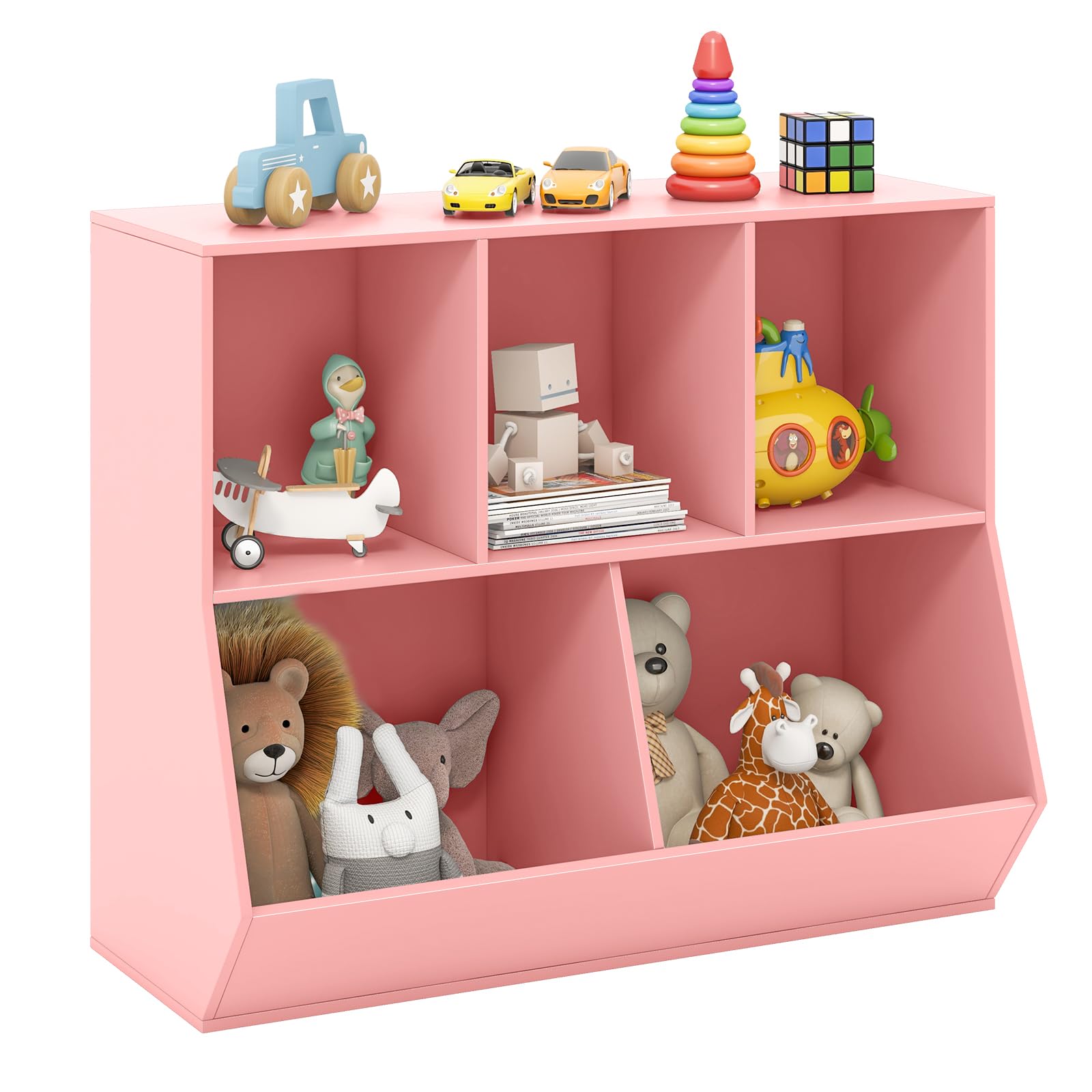 HONEY JOY Toy Storage Organizer with Bookcase, 5-Cubby Children Bookshelf Toy Storage Cabinet, Open Kids Toy Storage Shelf Book Display Rack for Playroom, Bedroom, Kindergarten, Nursery, School, Pink