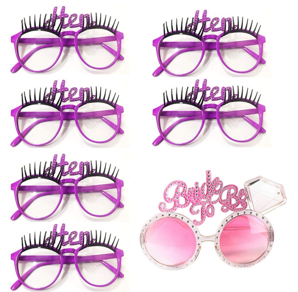 Stylex Party Ltd 6 Hen Night Purple Eye Lashes Glasses & 1 Bride to be Glasses Fancy Dress Costume Hen Night Bundle